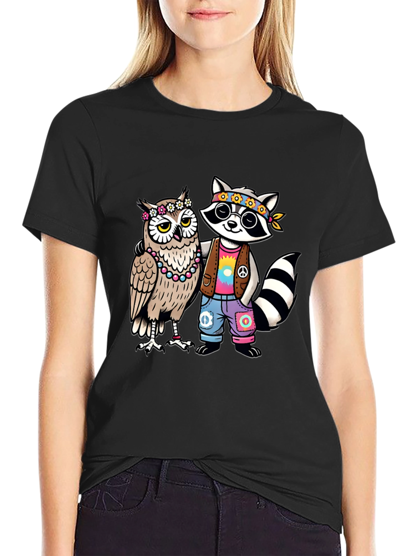 Hippie Owl & Raccoon Black T-Shirt - 2