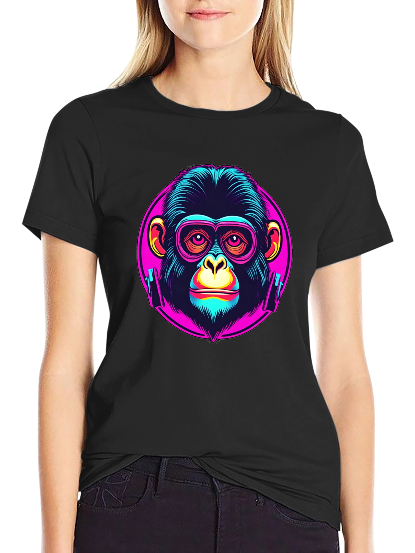 Black Funky Monkey Graphic T-Shirt - Neon Ape Design view 2