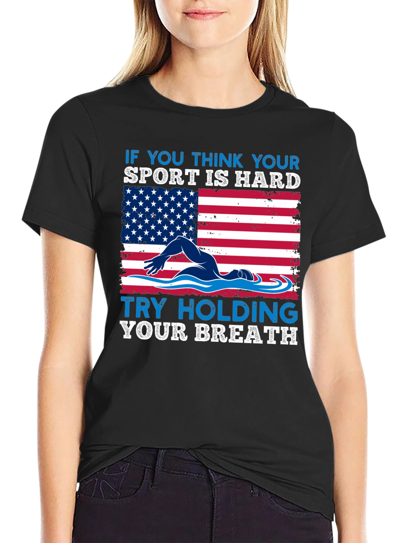 Black Swimming American Flag T-Shirt - Try Holding Your Breath view 2