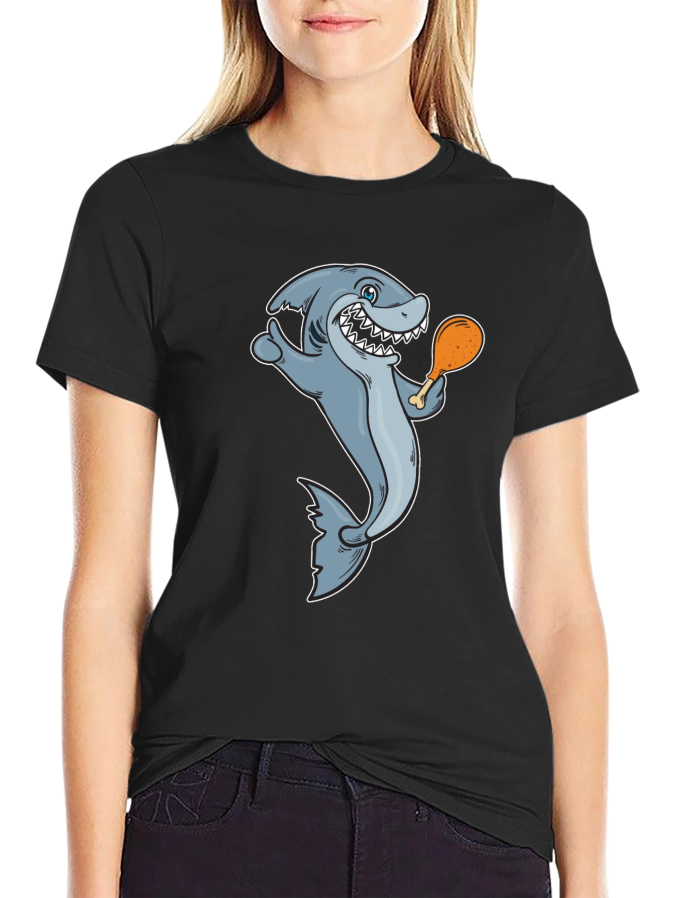 Black Shark Eating Chicken Leg Graphic Tee - Black view 2