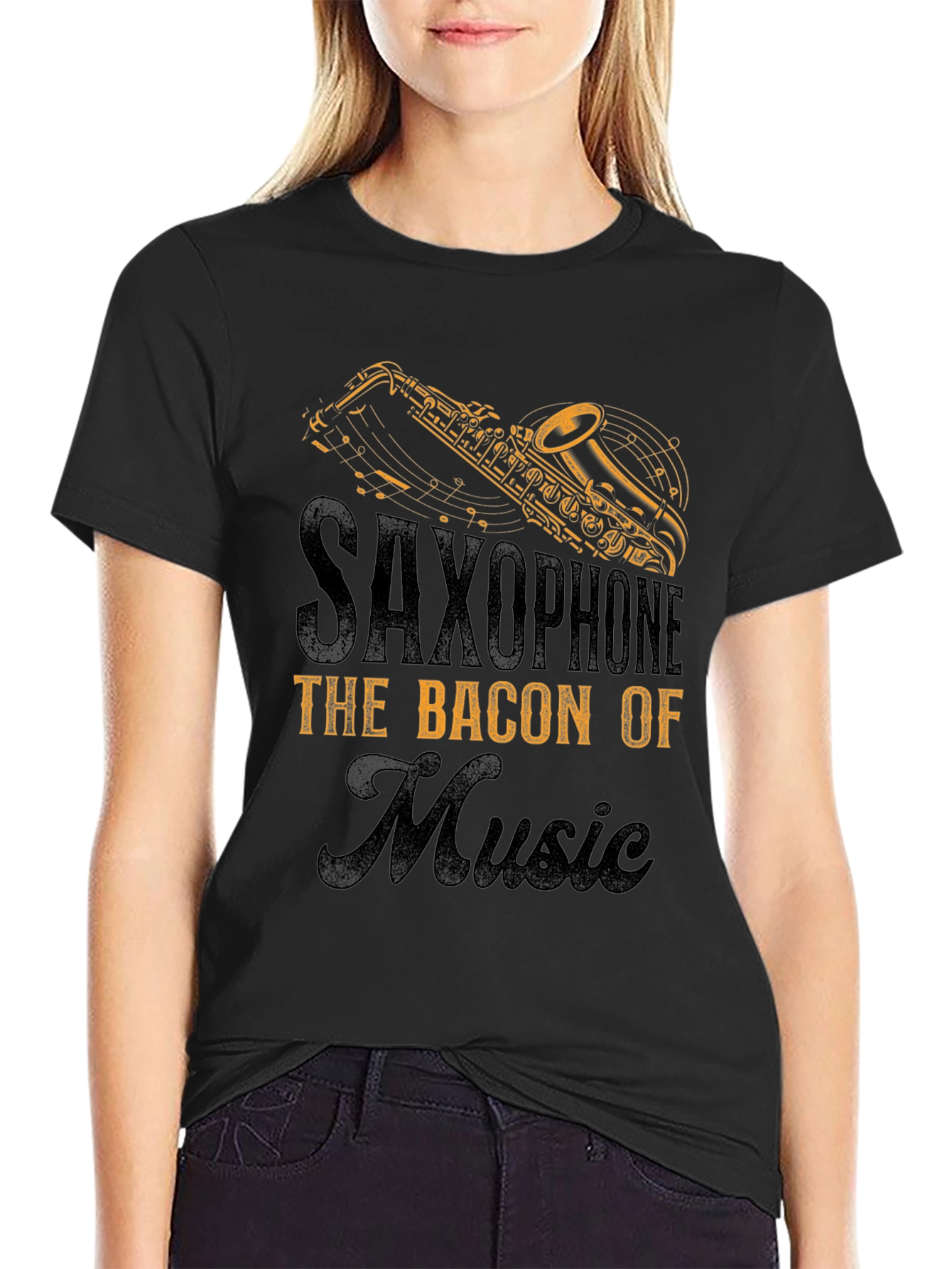 Black Saxophone Bacon of Music T-Shirt view 2