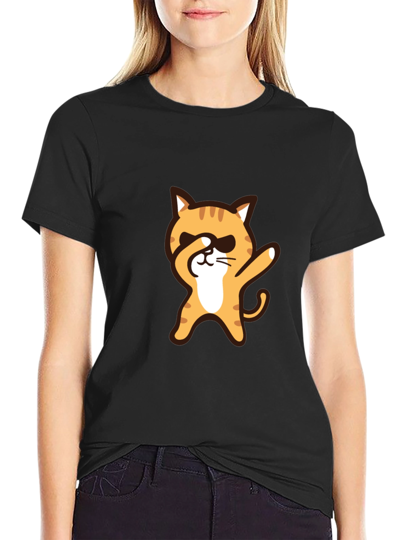 Black Dabbing Cat Graphic Tee - Cool & Casual view 2