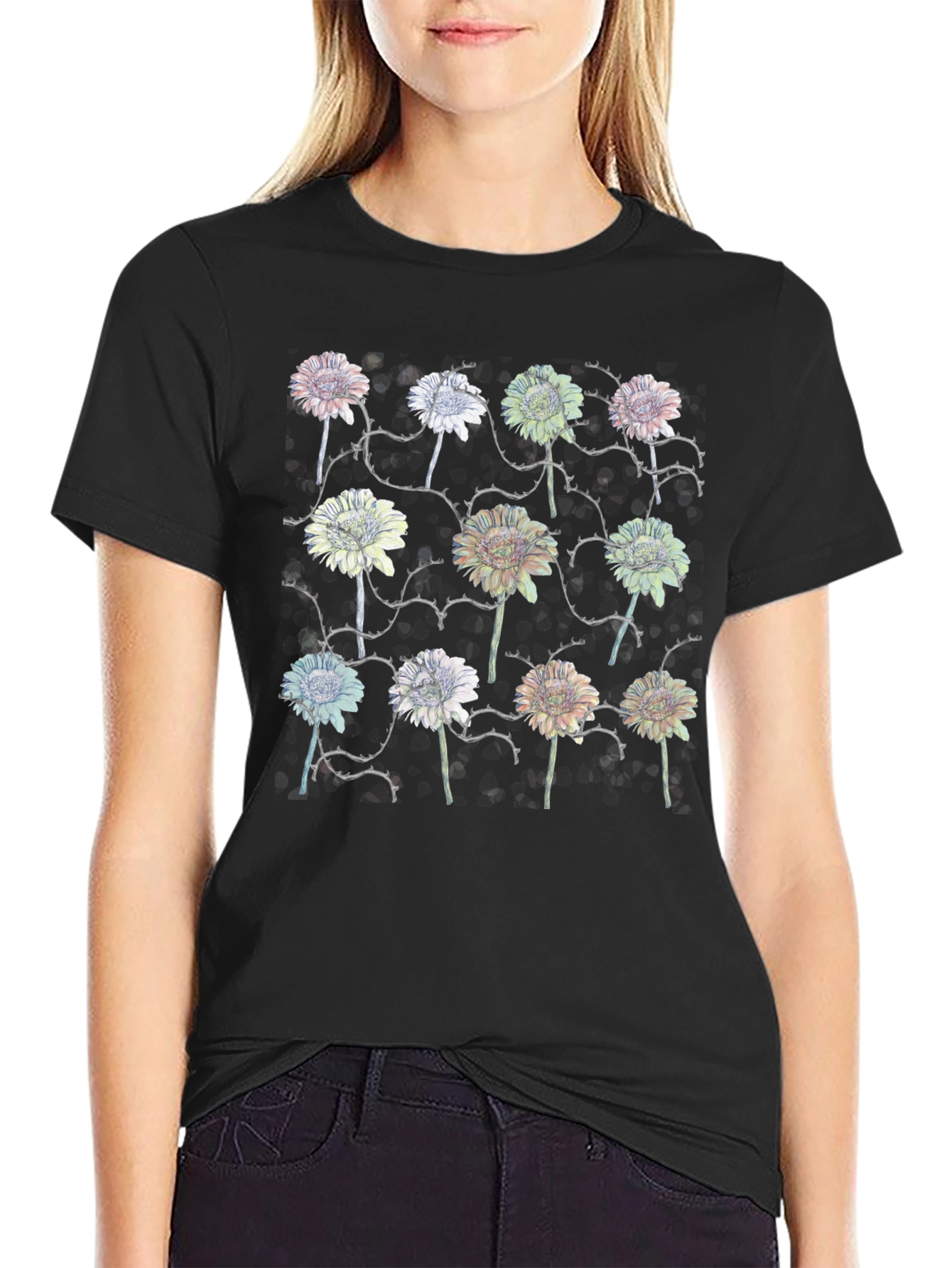 Black Floral Thorns Black T-Shirt view 2