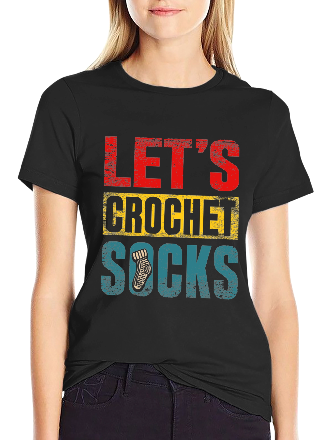 Black Let's Crochet Socks T-Shirt - Novelty Apparel view 2