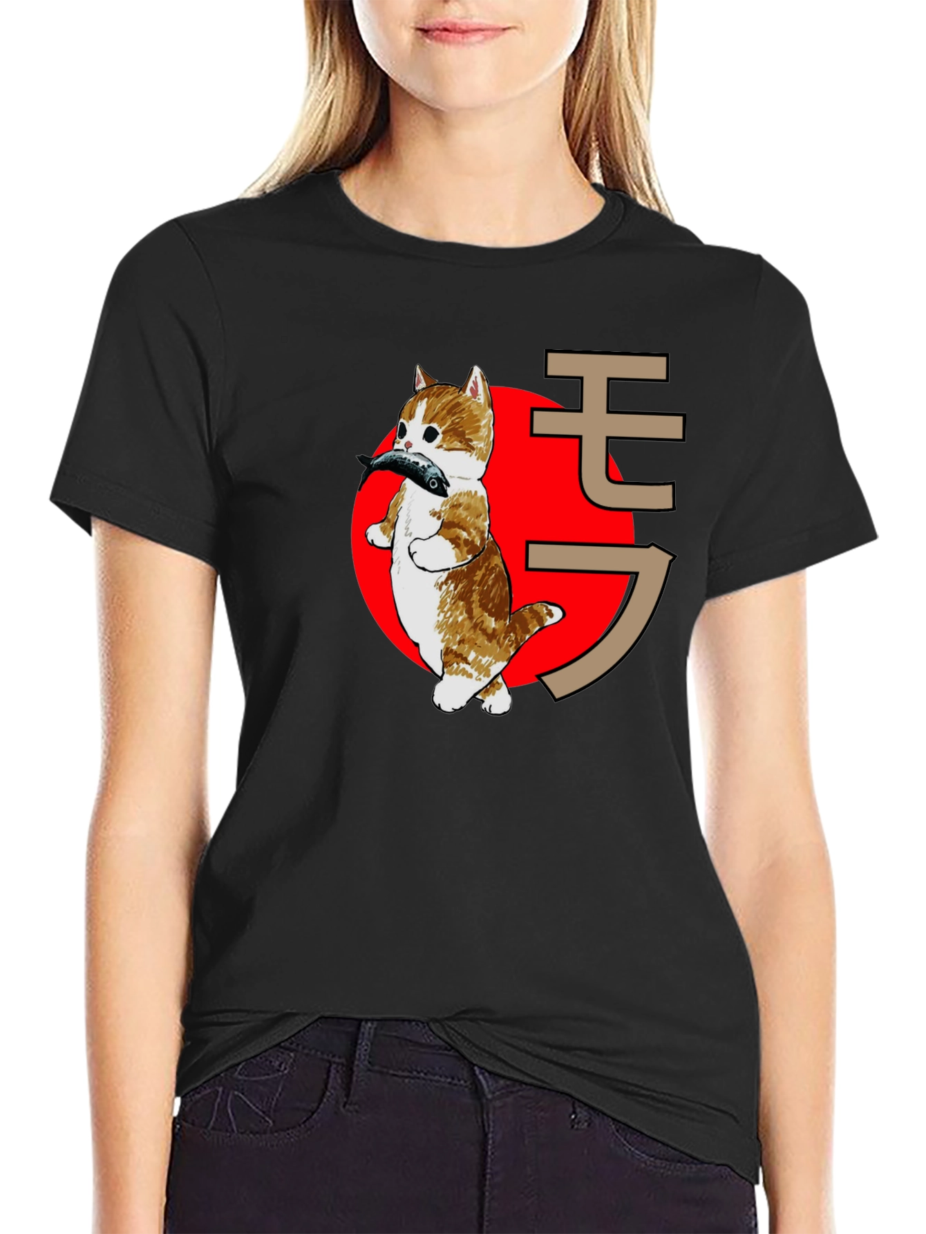 Black Cat With Fish T-Shirt - Japanese Style Graphic Tee view 2