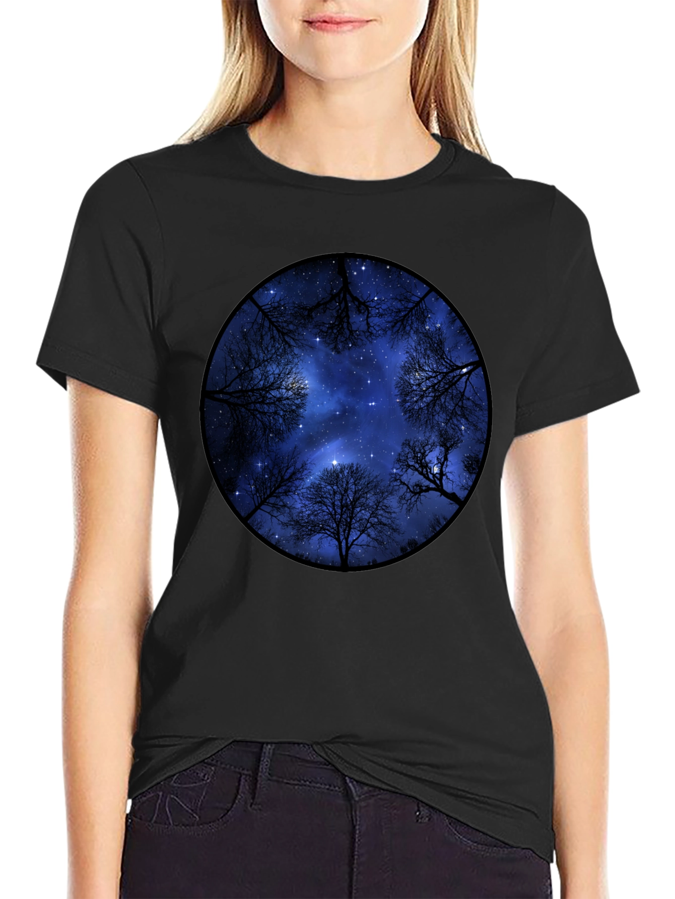Black Starry Sky Trees Graphic Tee - Black Cotton Blend view 2