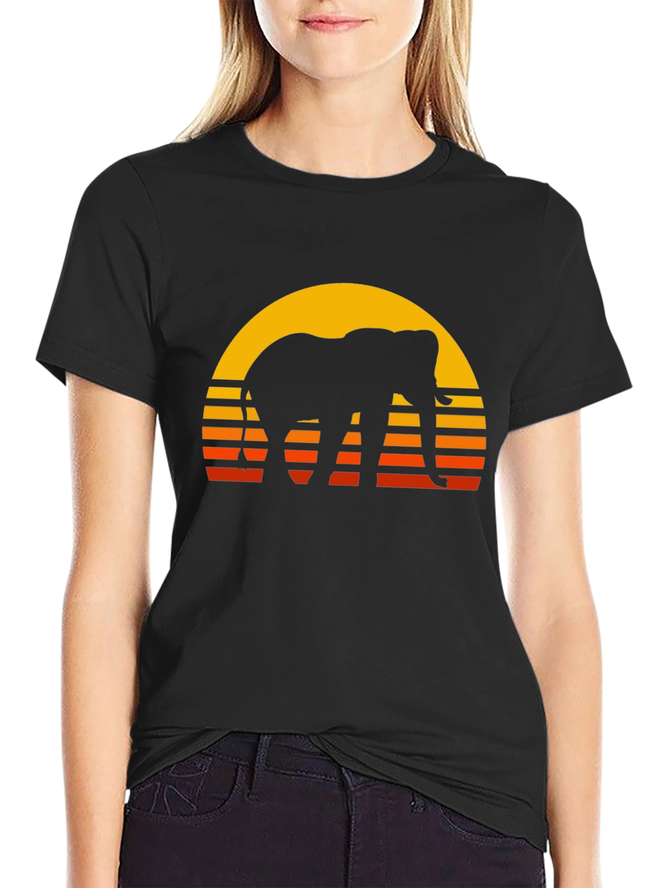 Black Elephant Sunset T-Shirt - Retro Style Black Tee view 2