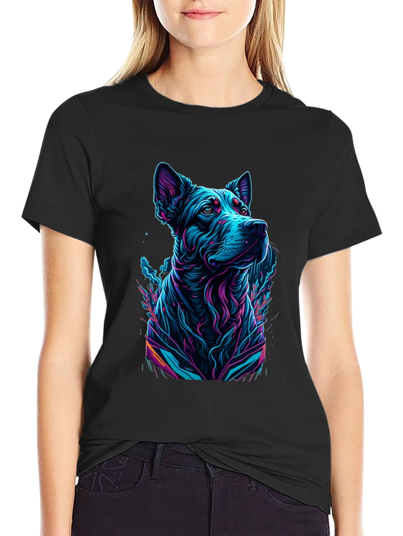 Black Neon Dog Graphic Black T-Shirt view 2