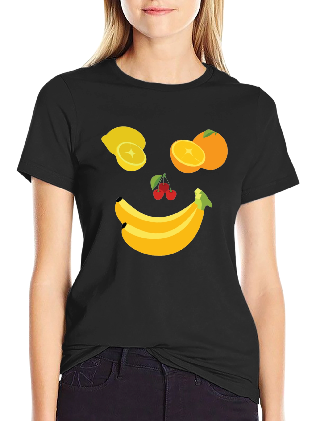 Black Fruit Face Graphic Tee - Black Cotton T-Shirt view 2