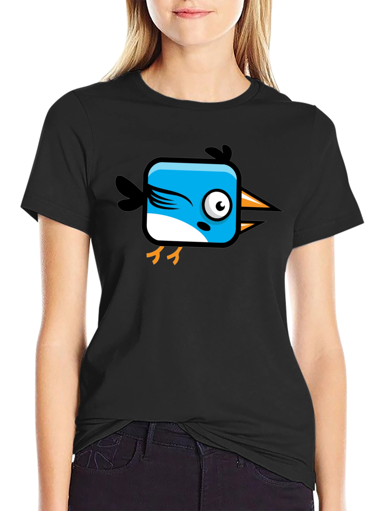 Black Funny Cartoon Bird Graphic Black T-Shirt view 2