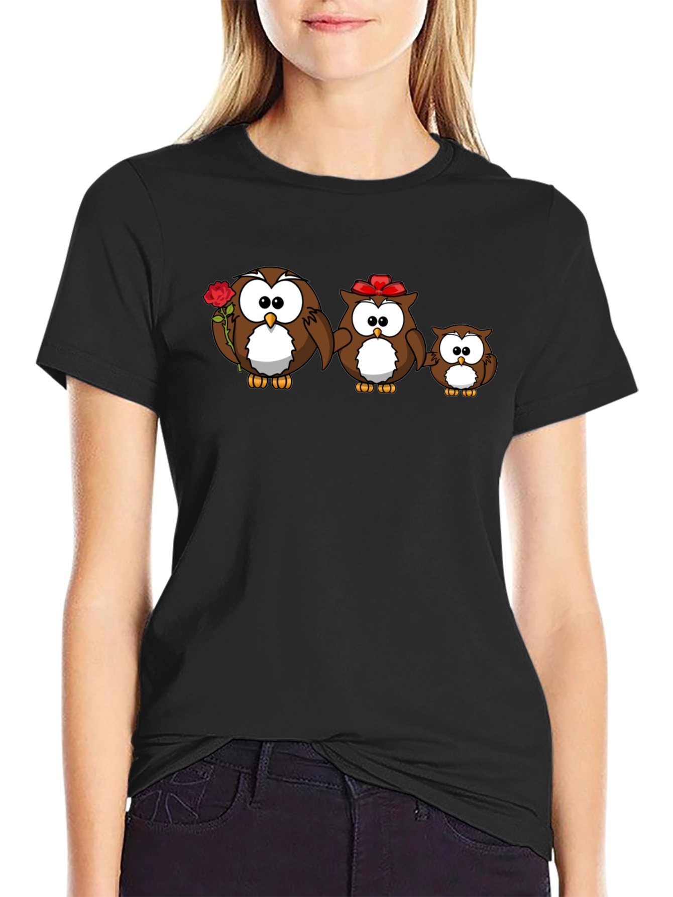 Black Cute Owl Family Graphic Tee - Black Cotton T-Shirt view 2