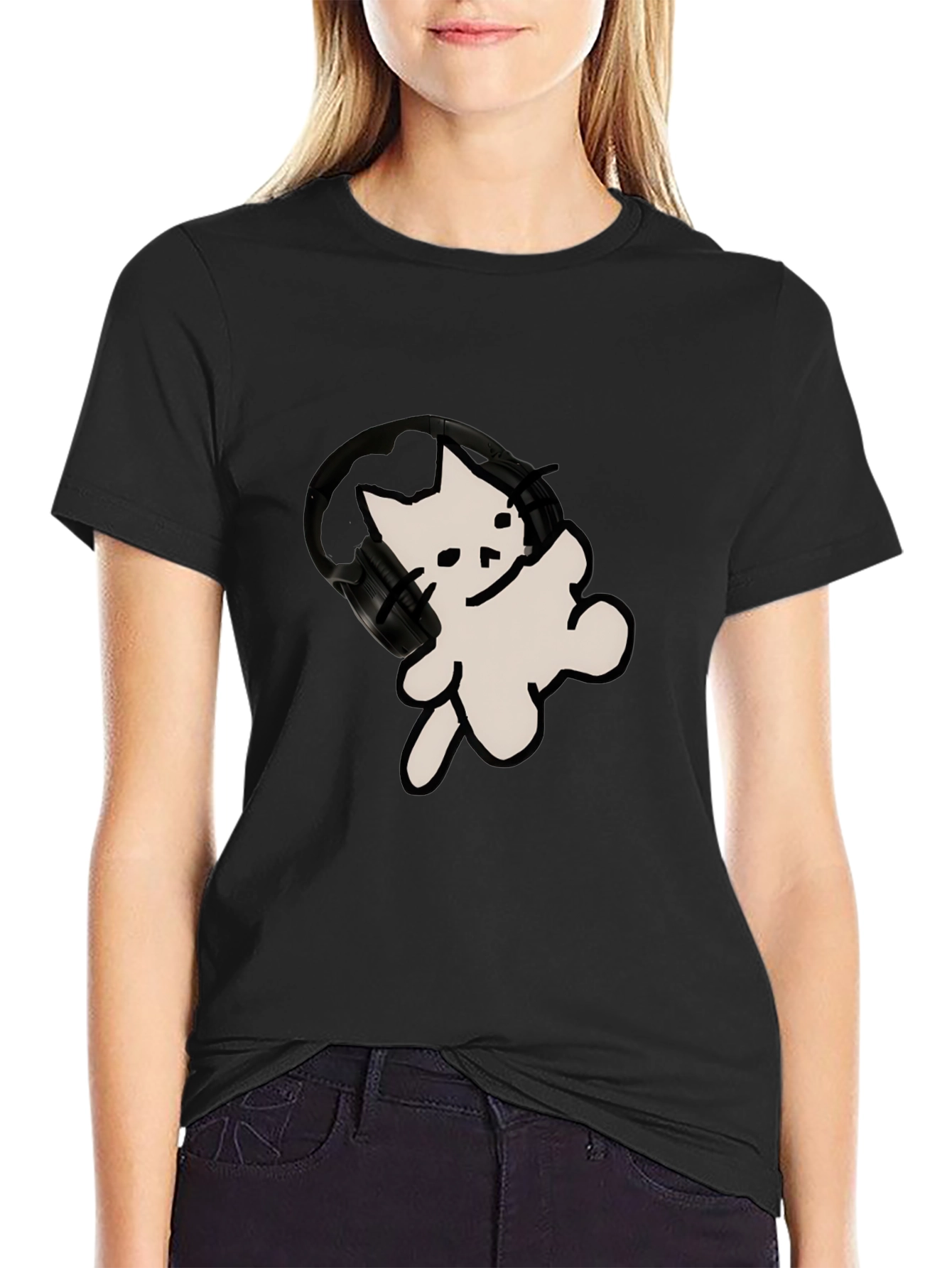 Black Cool Cat T-Shirt with Headphones view 2