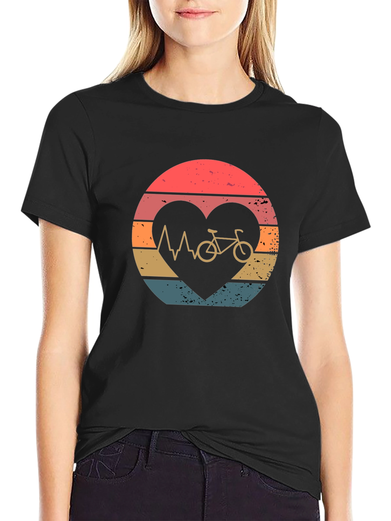 Black Cycling Heartbeat T-Shirt - Vintage Style Bike Love Tee view 2