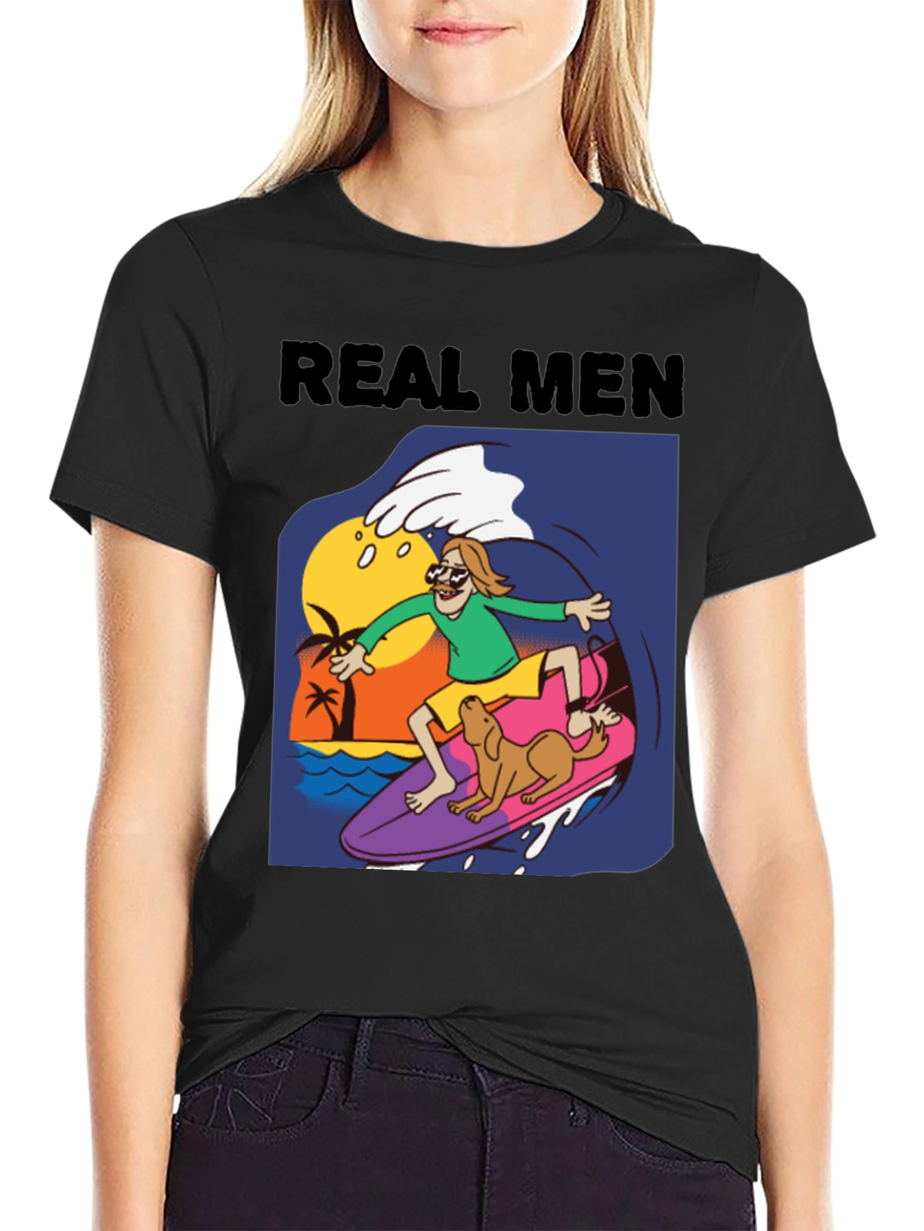 Black Real Men Surf Tee - Novelty Cartoon Graphic T-Shirt view 2