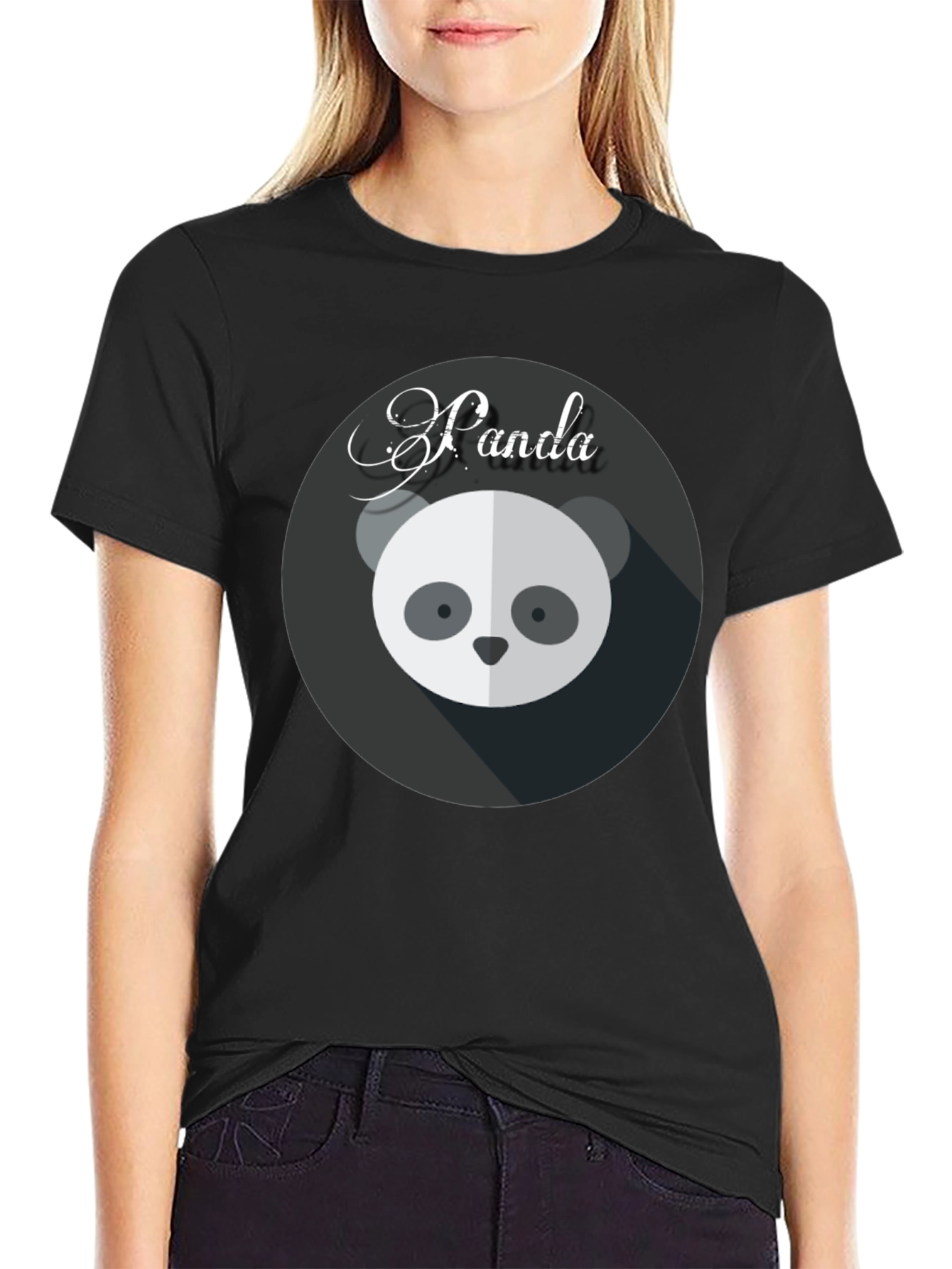 Black Cute Panda Graphic Black T-Shirt view 2