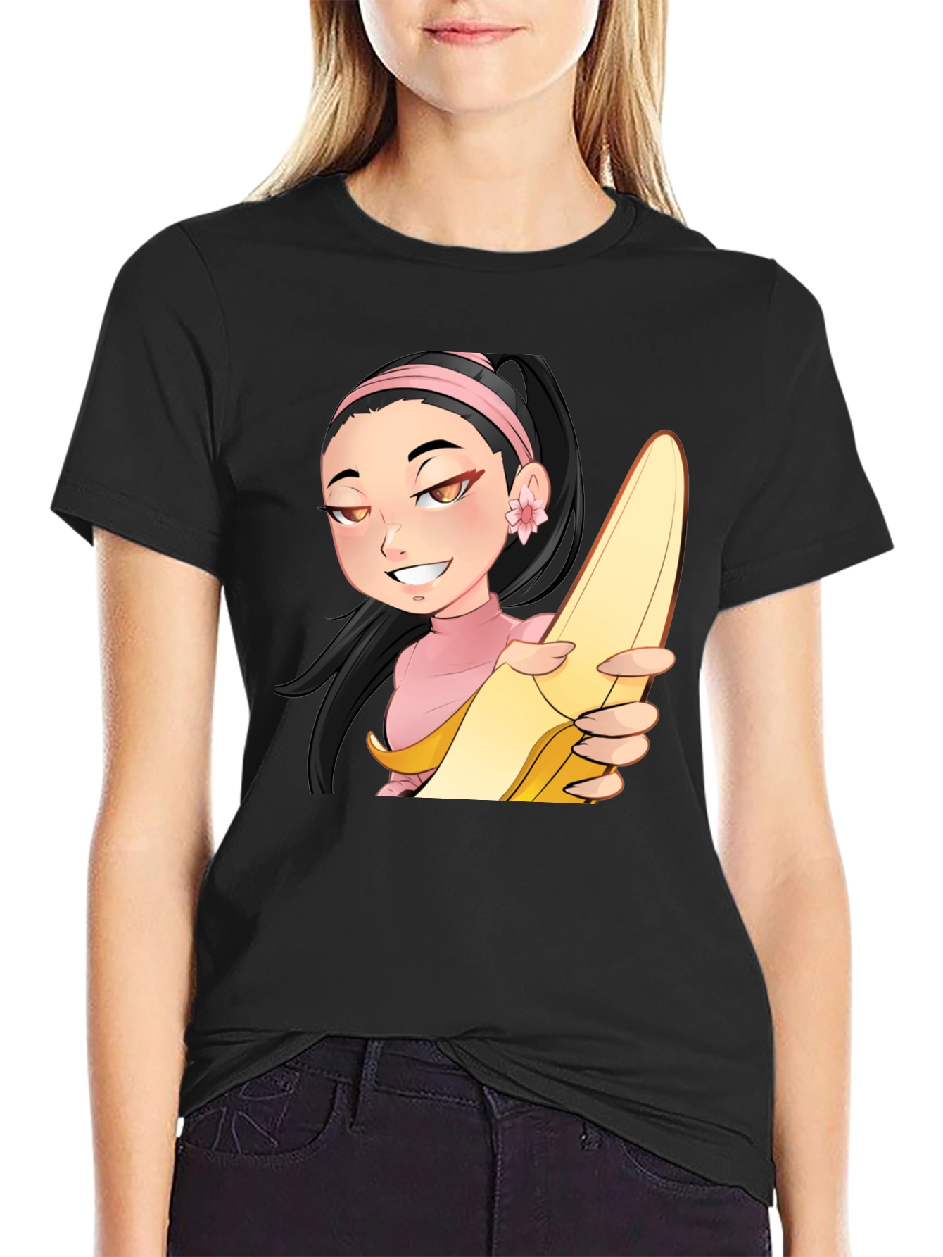Black Anime Girl with Banana Black T-Shirt view 2