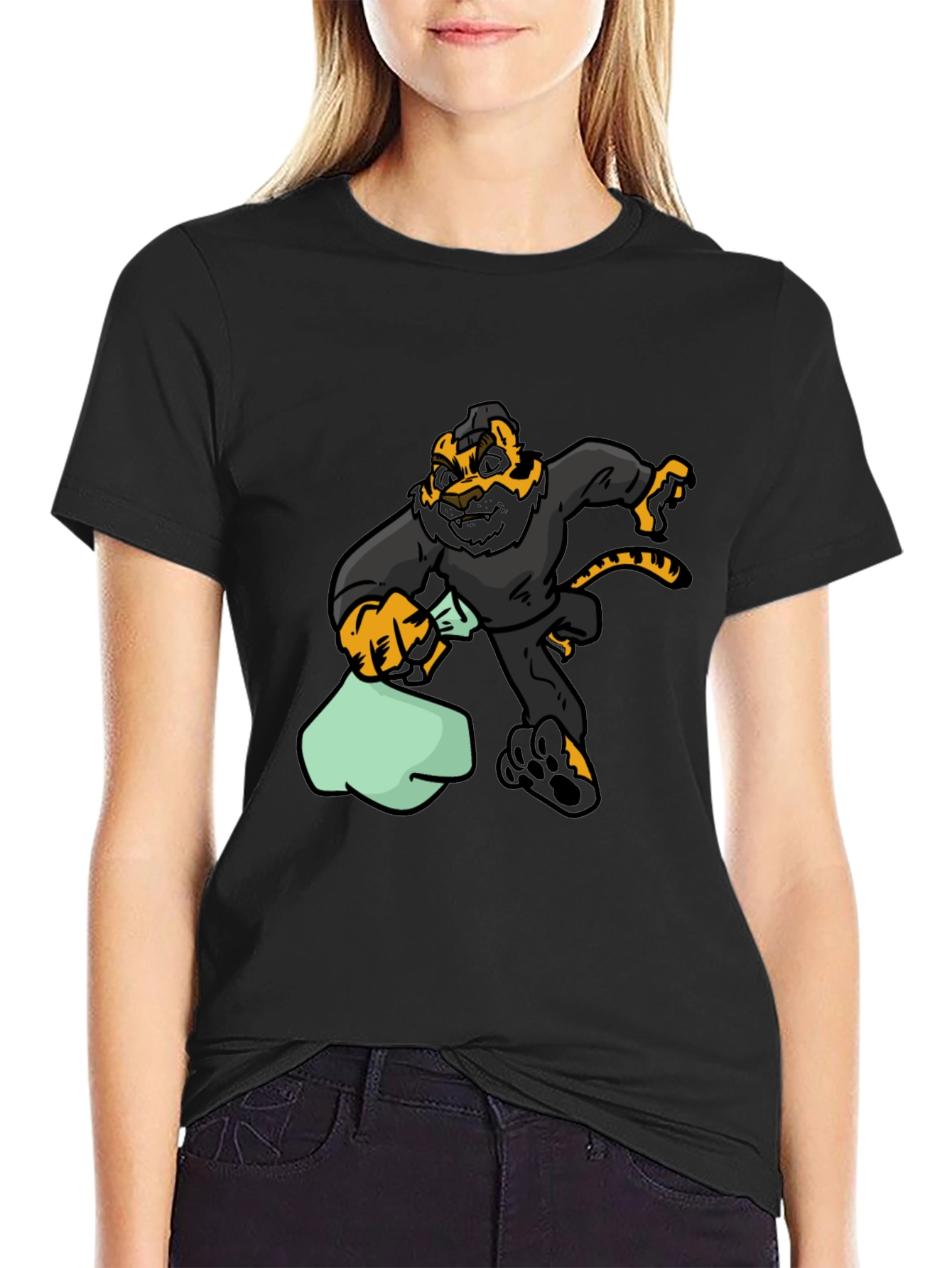 Black Cartoon Tiger Thief Graphic Tee - Black Cotton T-Shirt view 2