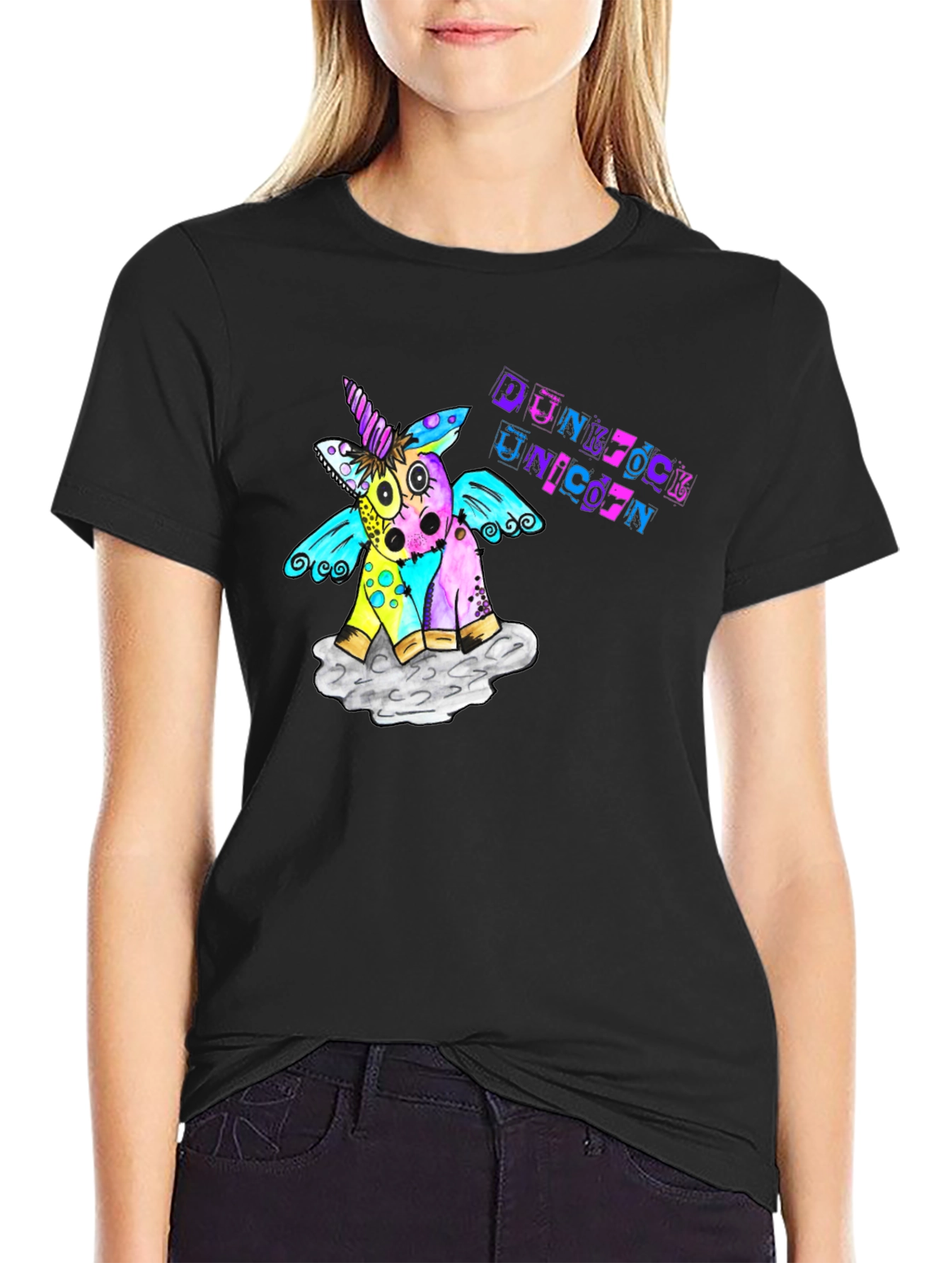 Black Punk Rock Unicorn Graphic T-Shirt view 2