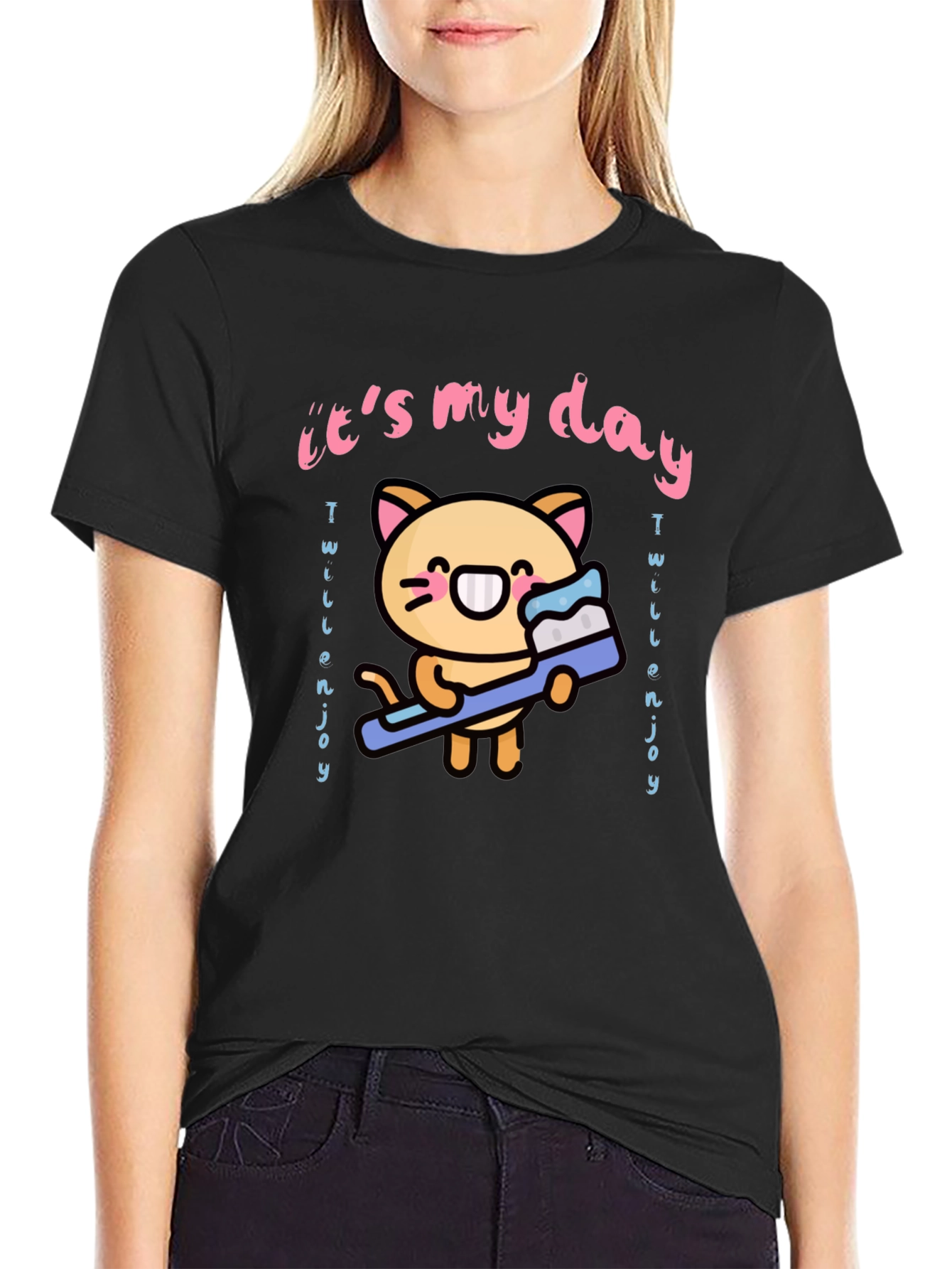 Black Cute Cartoon Cat & Toothbrush Graphic Tee view 2