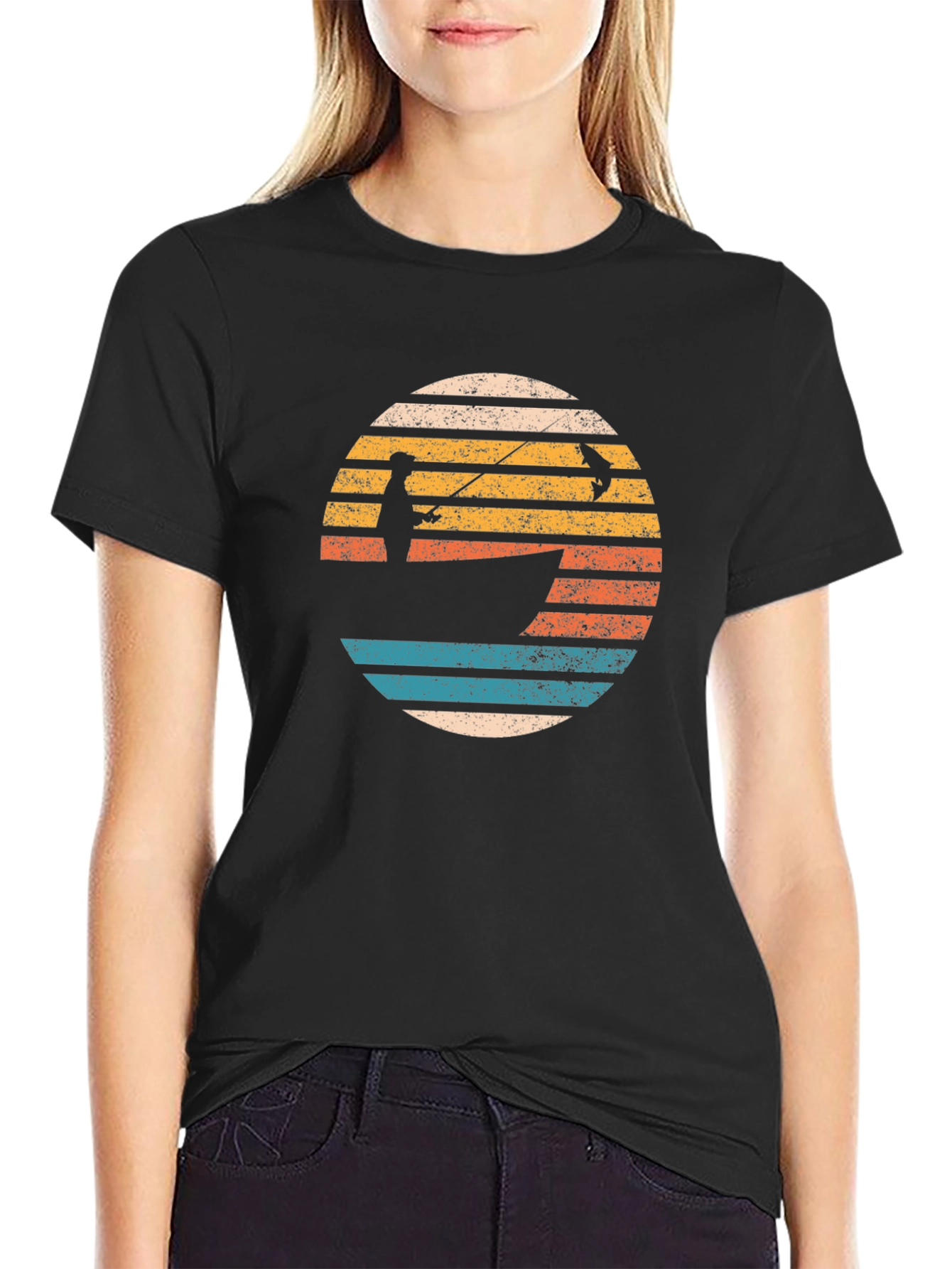 Black Retro Fishing T-Shirt - Fisherman Sunset Tee view 2