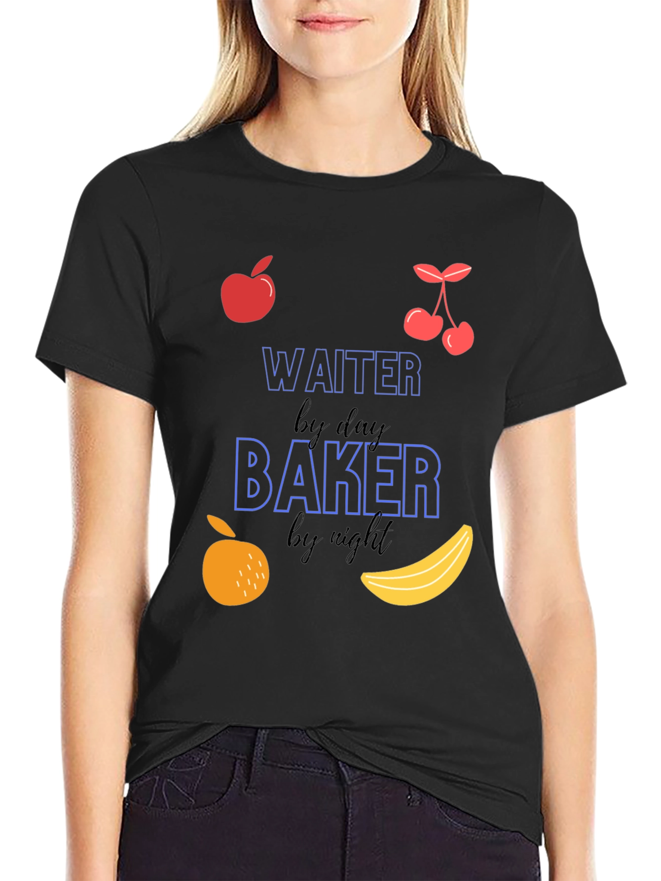 Black Waiter by Day Baker by Night Funny T-Shirt view 2