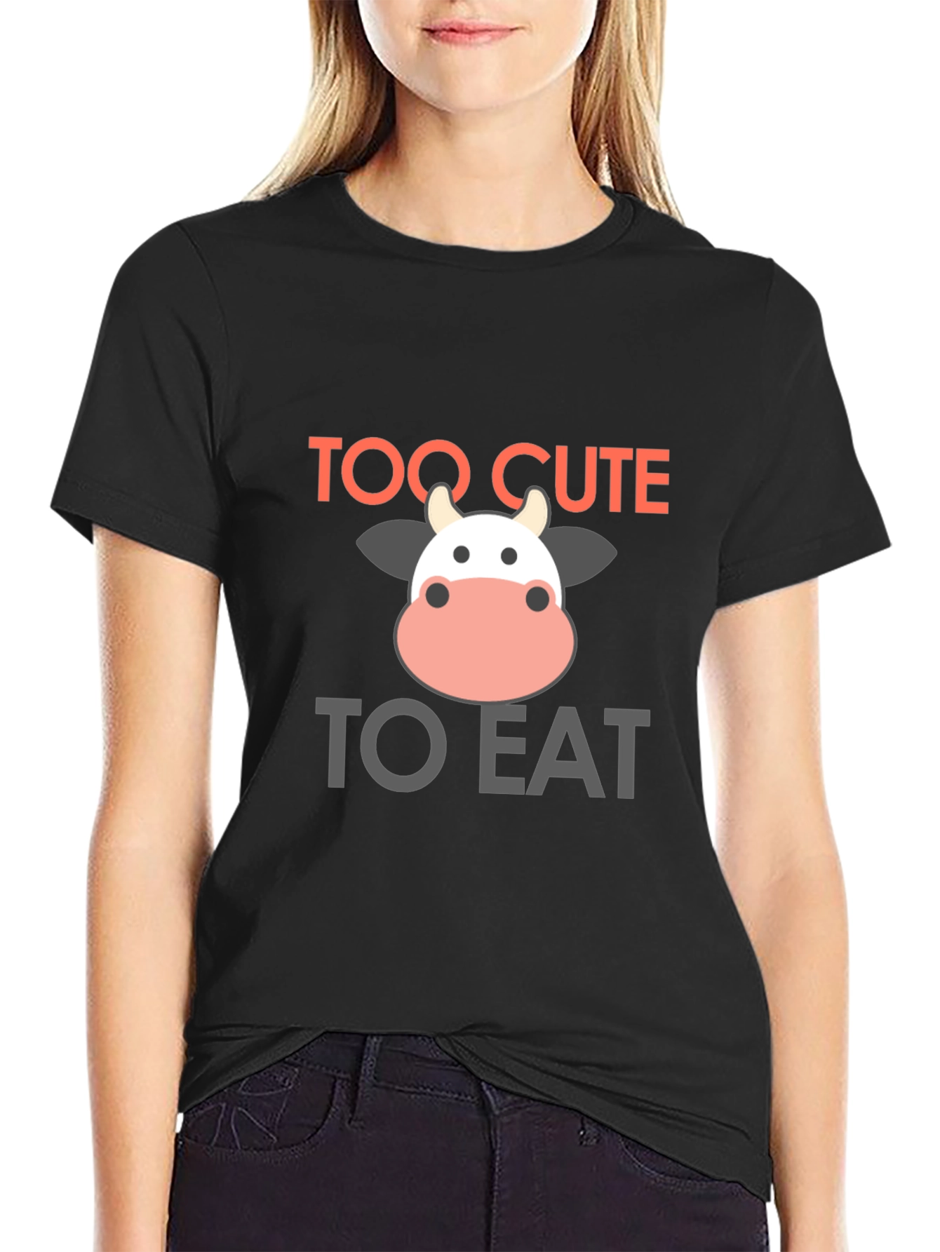 Black Too Cute to Eat Cow Graphic Black T-Shirt view 2