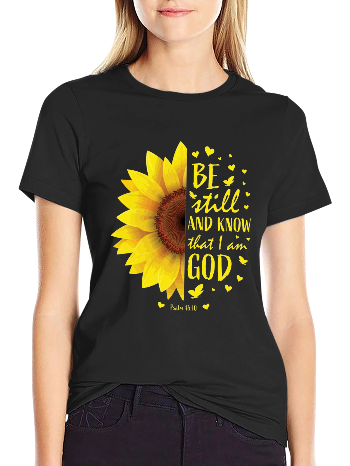 Black Be Still Sunflower T-Shirt - Religious Christian Apparel view 2