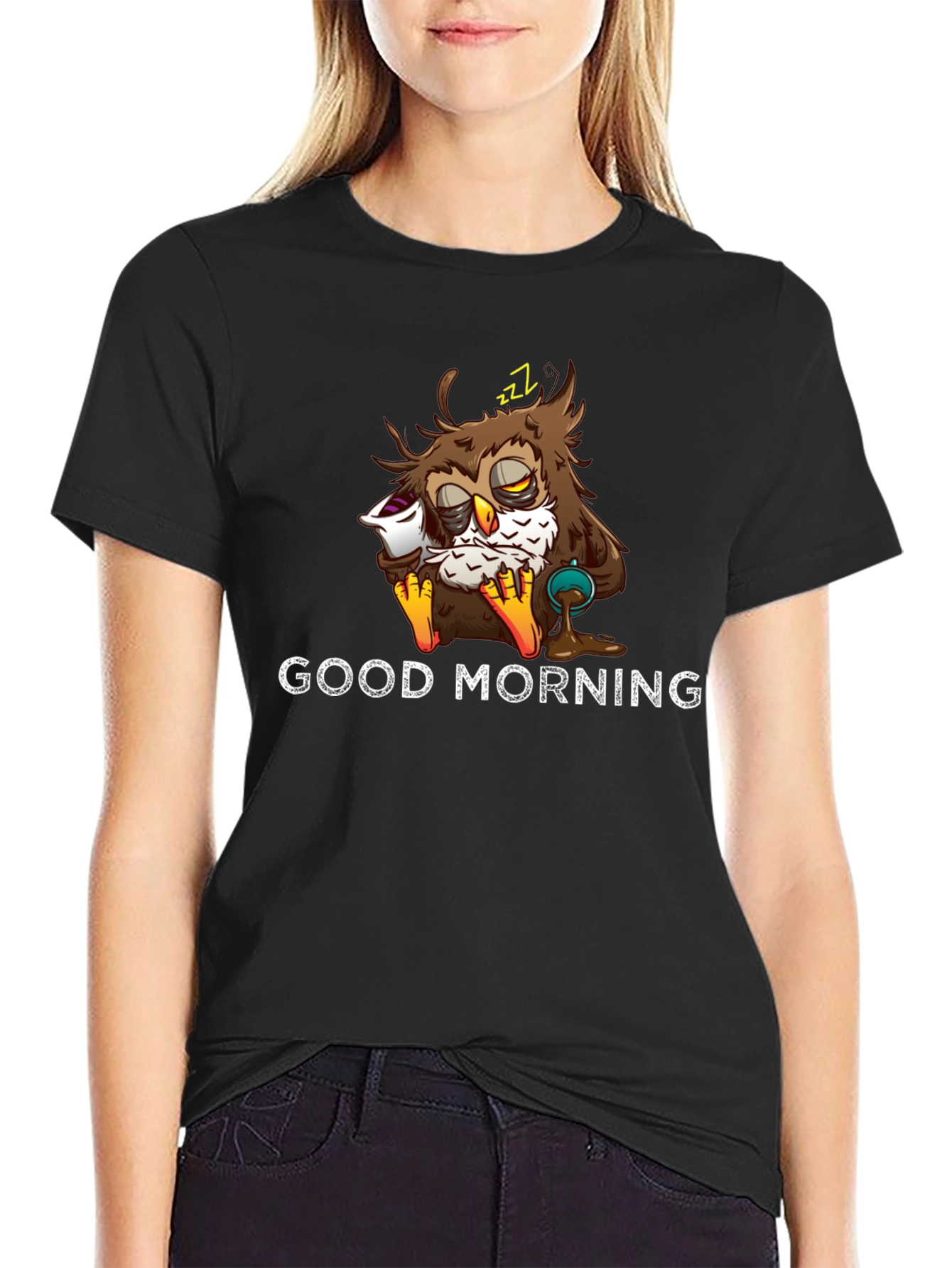 Black Good Morning Owl Graphic T-Shirt - Funny Sleepy Owl view 2