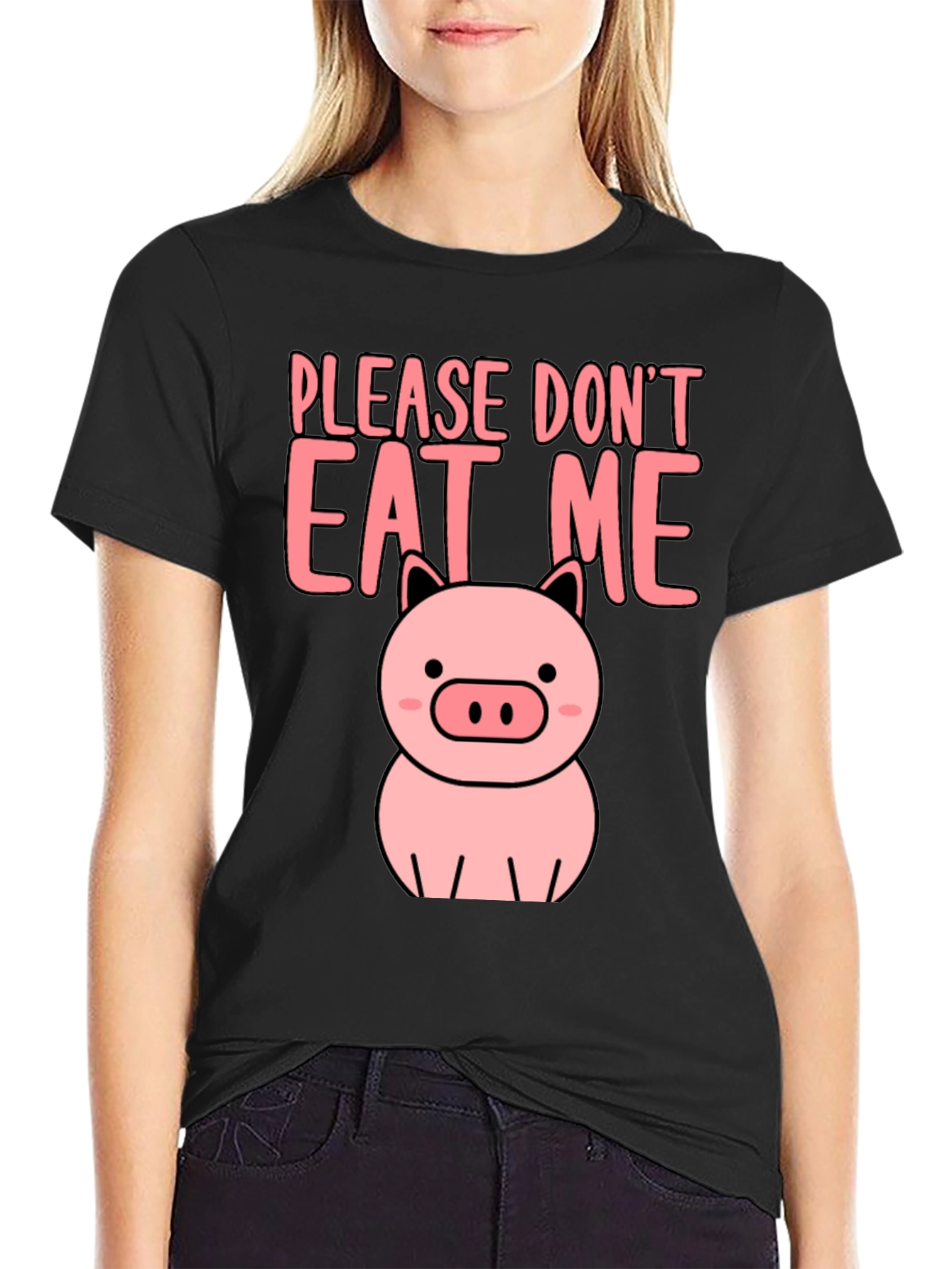 Black Cute Pig Please Don't Eat Me Graphic Tee view 2