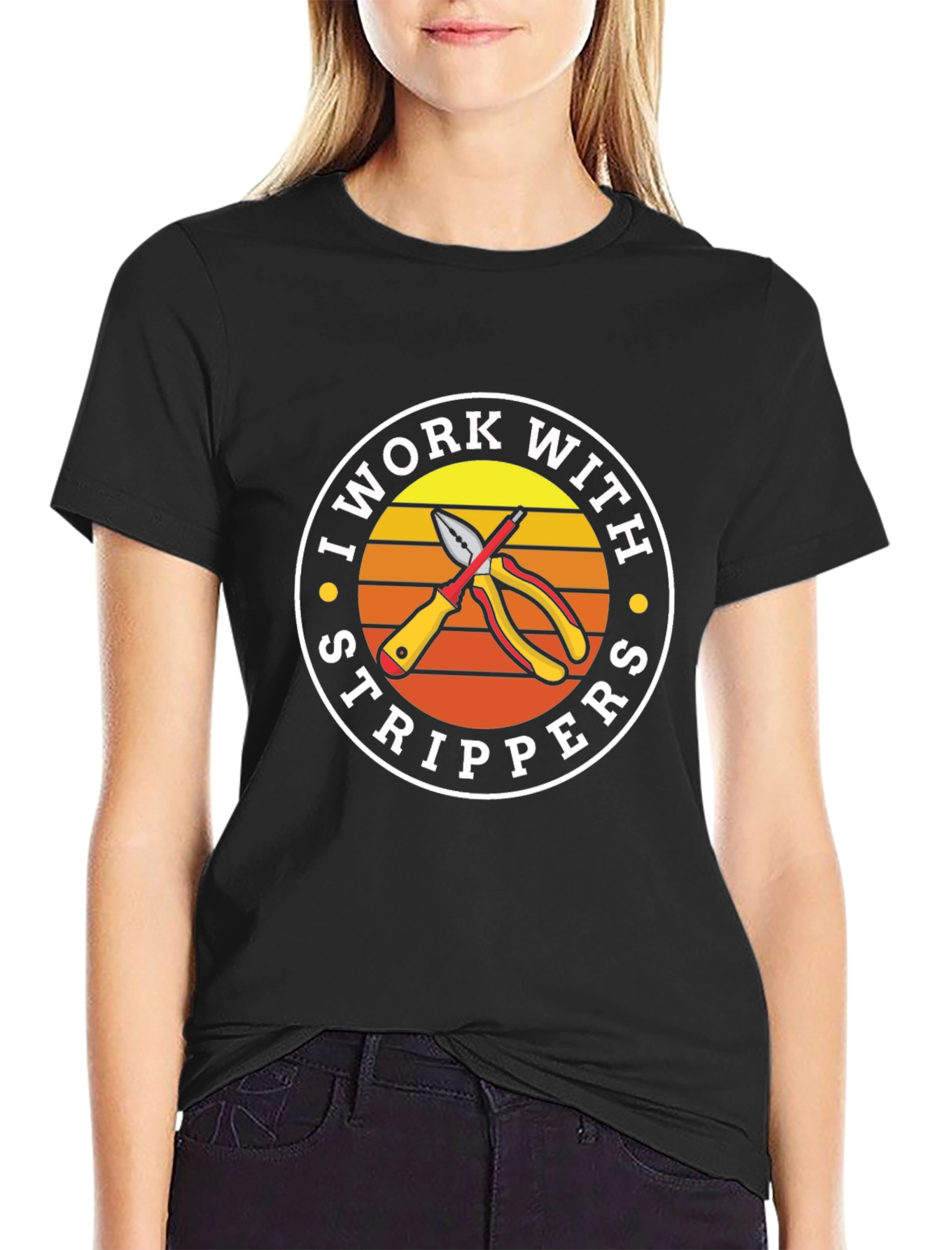 Black I Work With Strippers T-Shirt Funny Electrician Tee view 2
