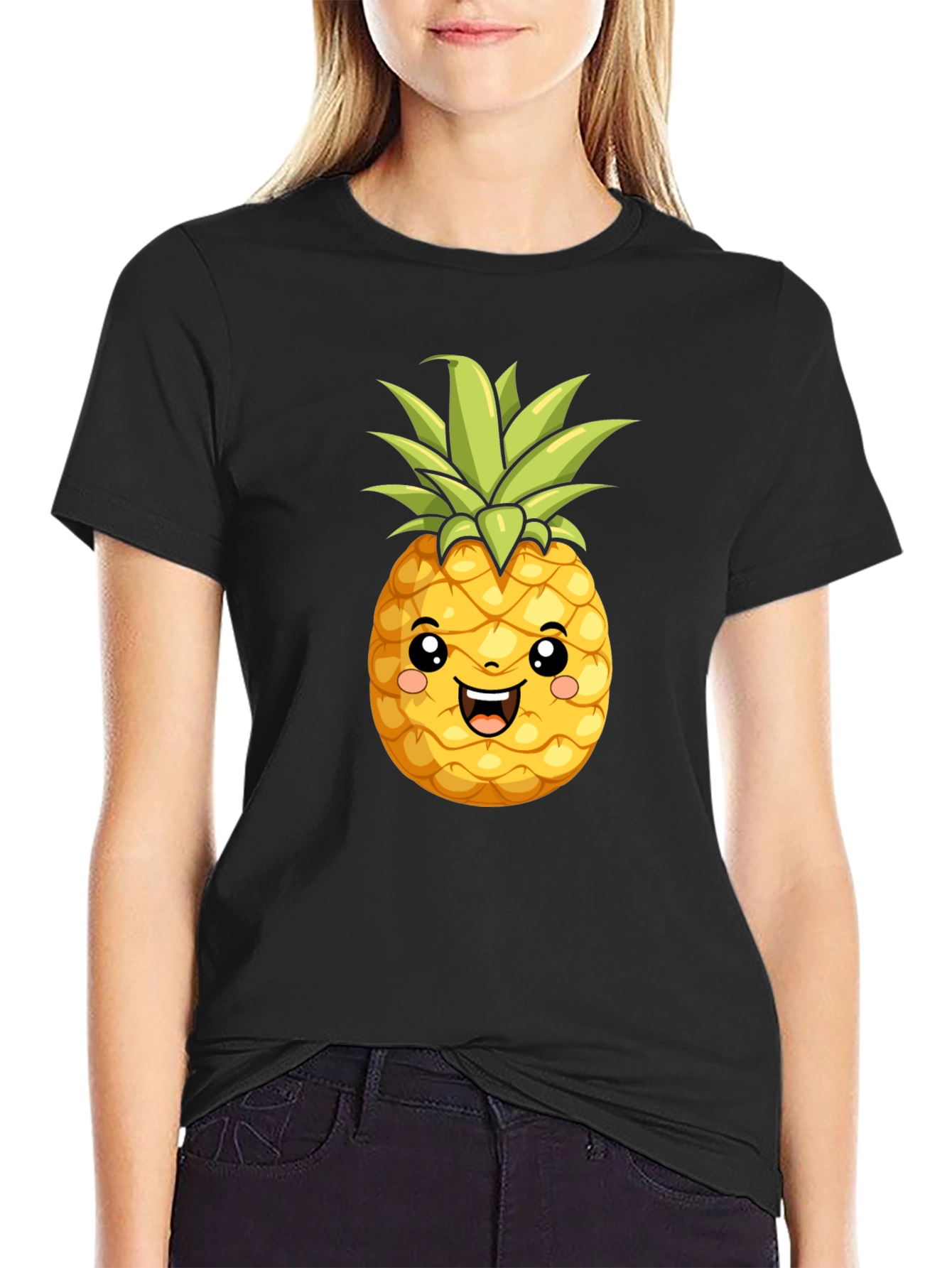 Black Cute Pineapple Graphic Black T-Shirt view 2