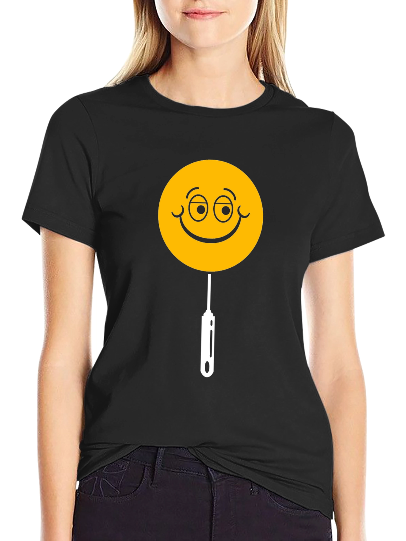 Black Whimsical Smiley Face Lollipop Graphic Tee - Black view 2