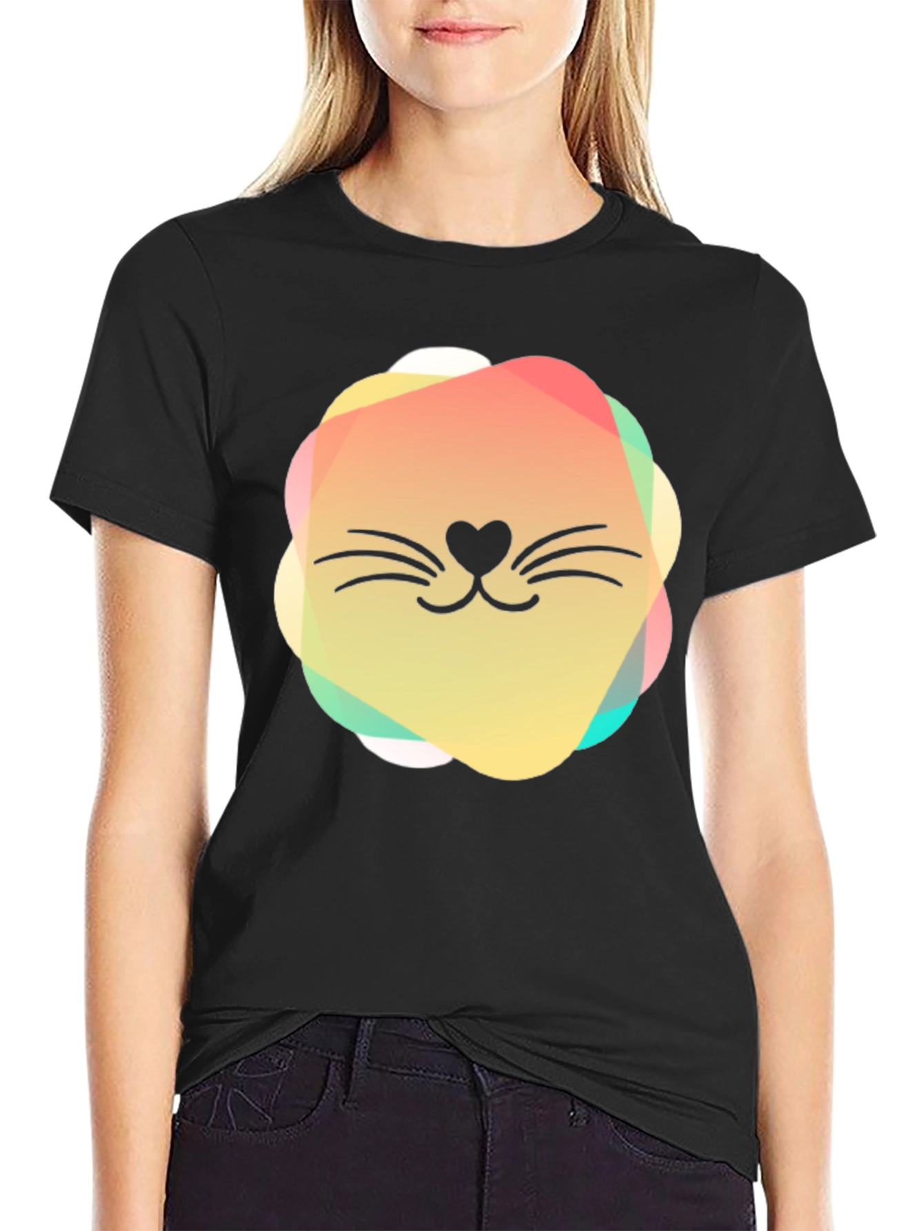Black Cute Cat Face Graphic Black T-Shirt view 2