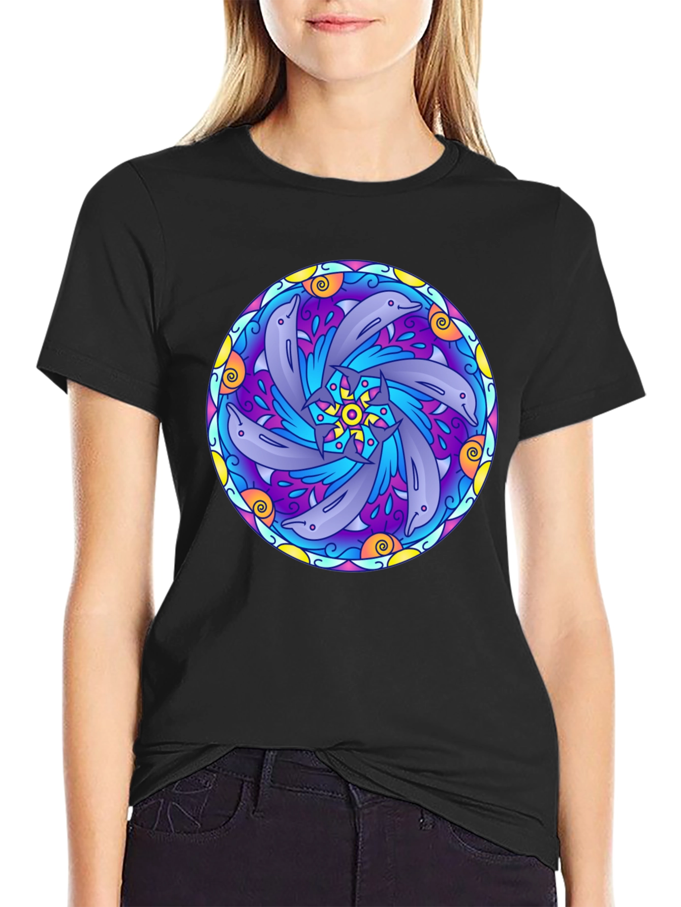 Black Dolphin Mandala Graphic Tee - Black Cotton T-Shirt view 2
