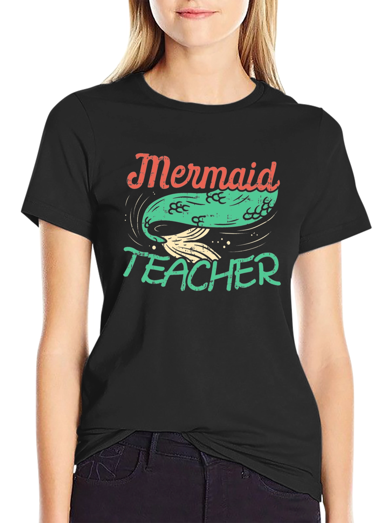 Black Mermaid Teacher Graphic Tee - Black Cotton T-Shirt view 2