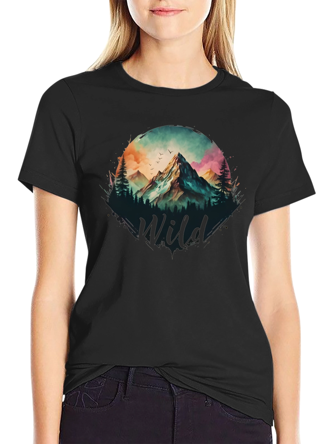 Black Wild Mountain Scene Graphic T-Shirt view 2