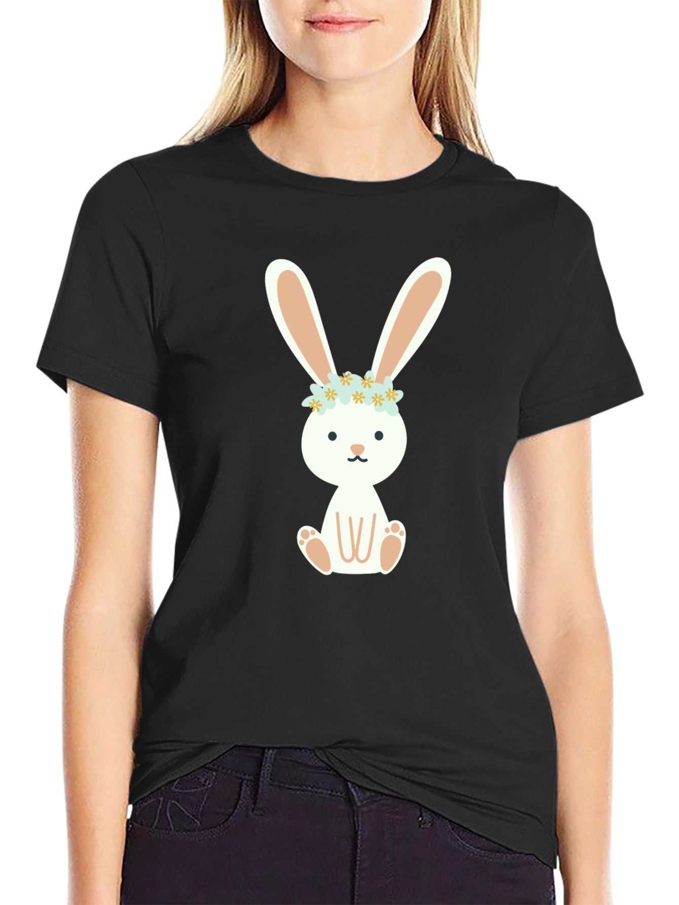 Black Bunny T-Shirt with Floral Crown - Cute & Comfy! view 2