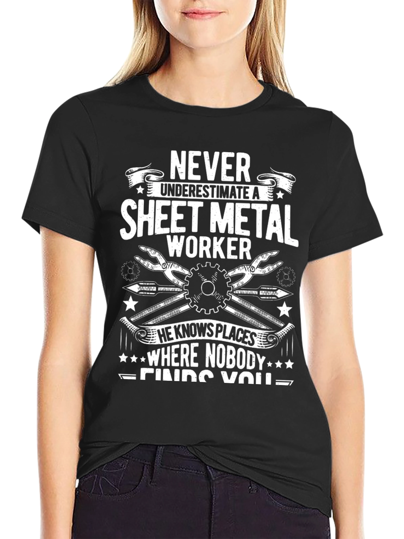 Black Sheet Metal Worker T-Shirt: Never Underestimate view 2