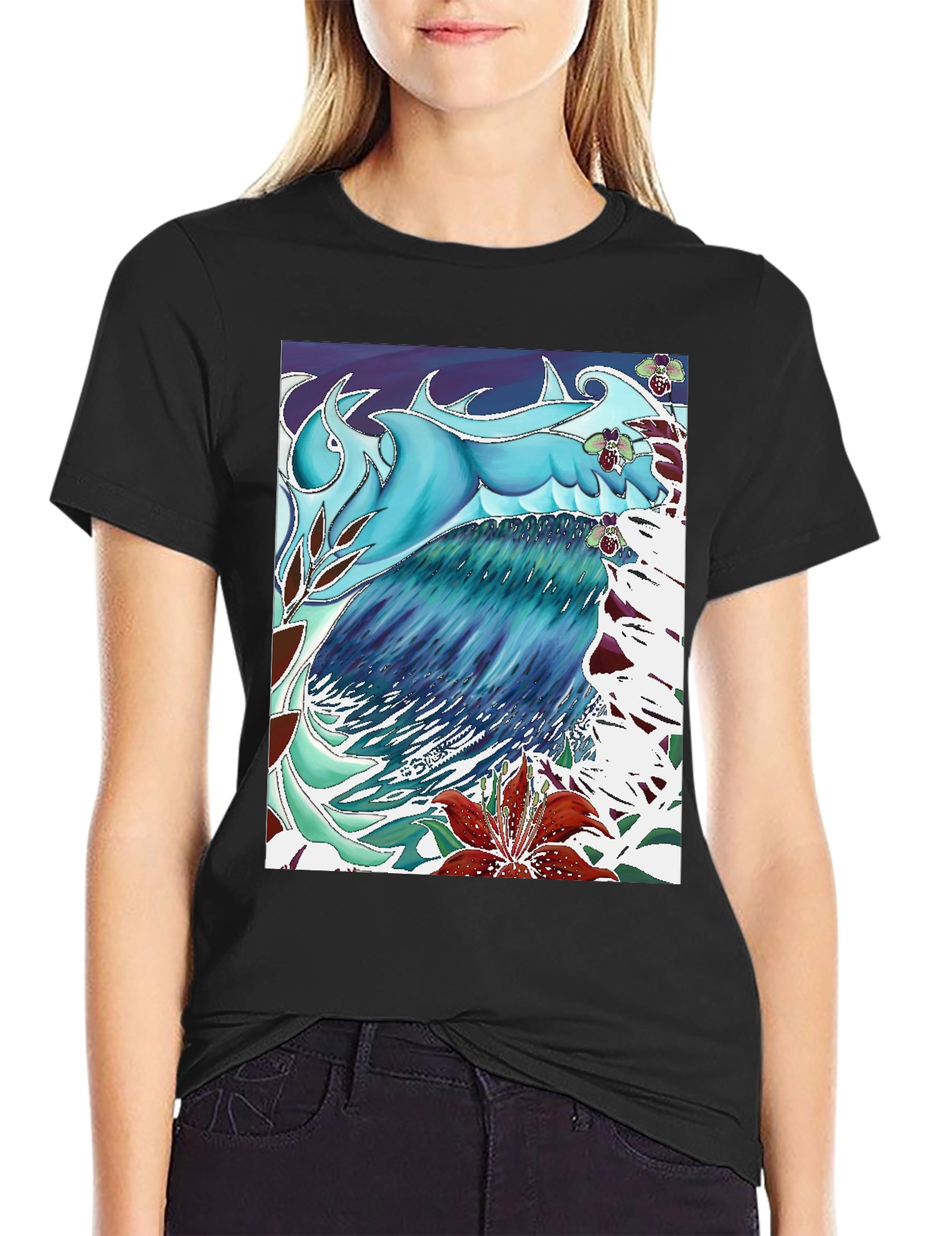 Black Ocean Wave Art T-Shirt - Cool Blue Design view 2