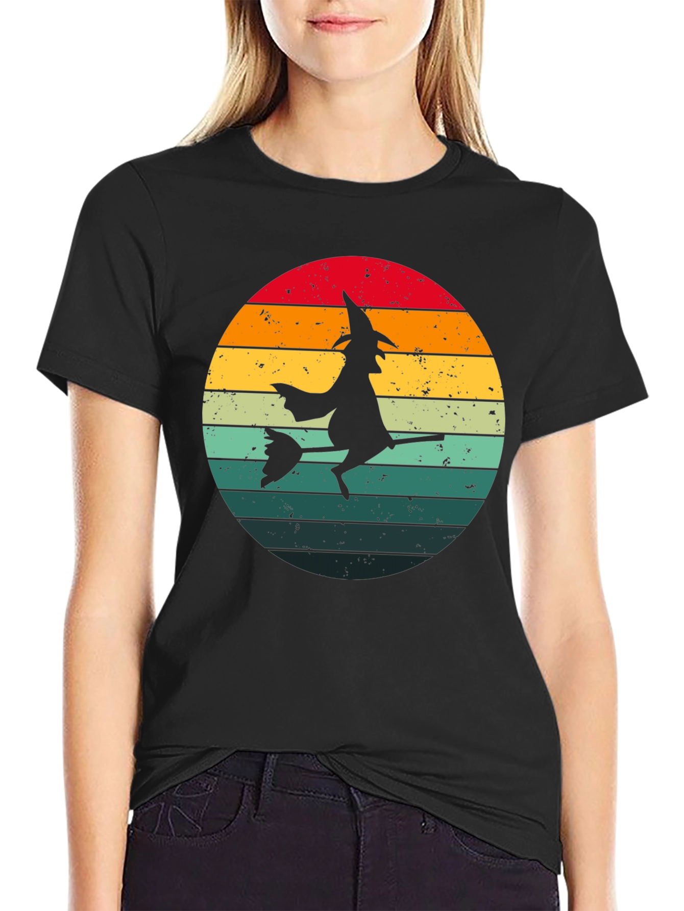 Black Witch Silhouette Retro Sunset T-Shirt view 2