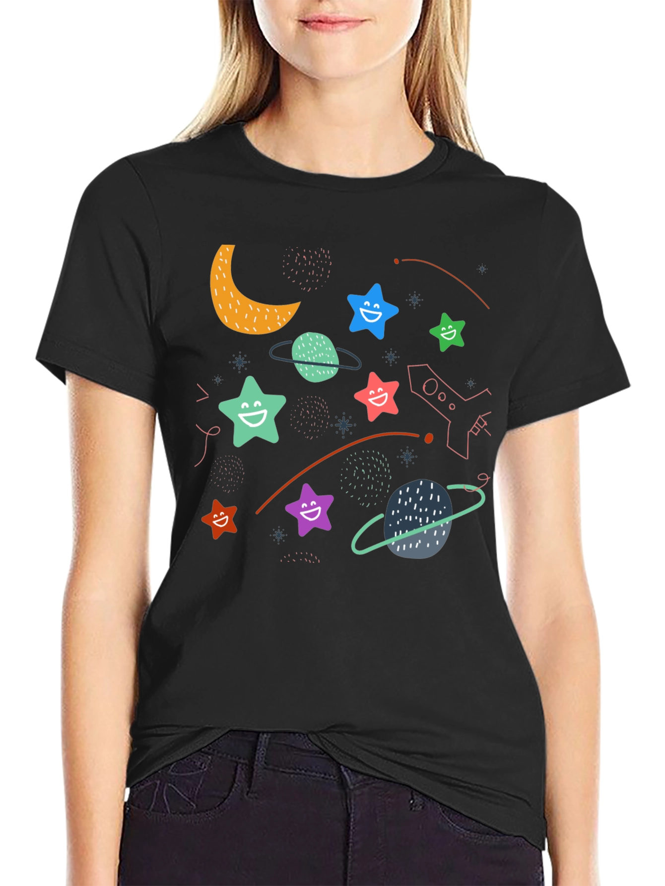 Black Cosmic Smiles Black T-Shirt: Stars, Planets, Rocket Fun! view 2