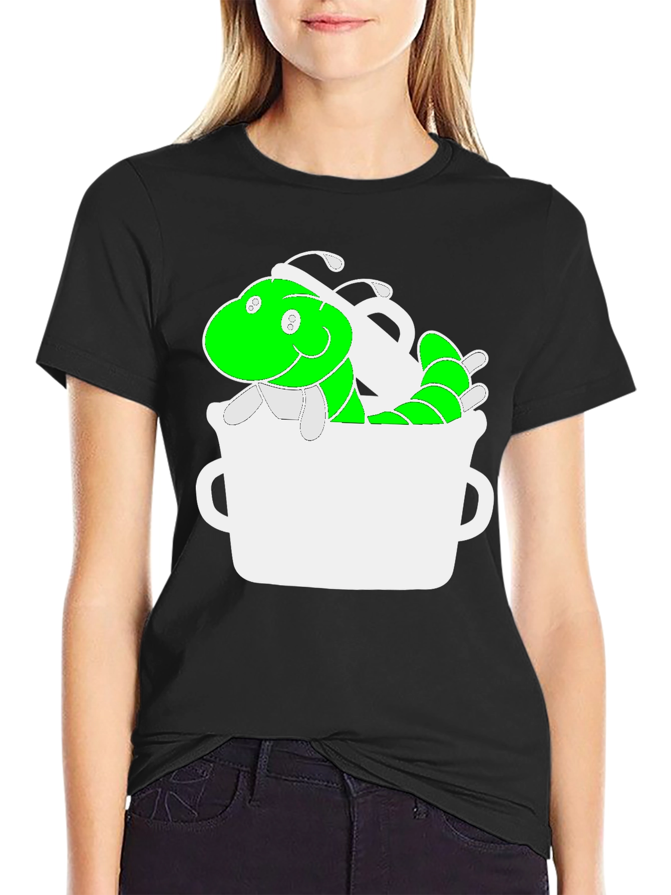 Black Funny Green Worm in Mug Graphic Tee view 2