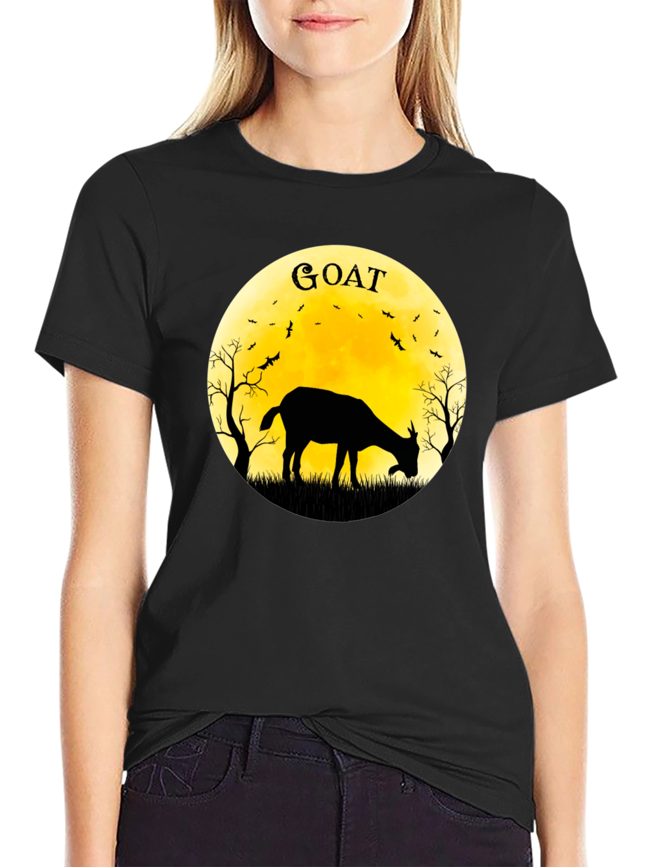 Black Goat Silhouette T-Shirt - Moonlit Design view 2