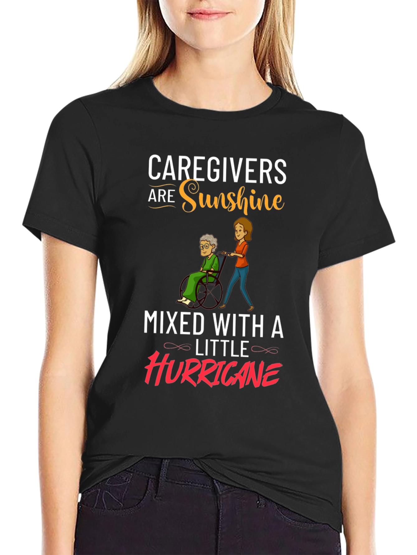 Black Caregiver Sunshine & Hurricane Graphic T-Shirt view 2