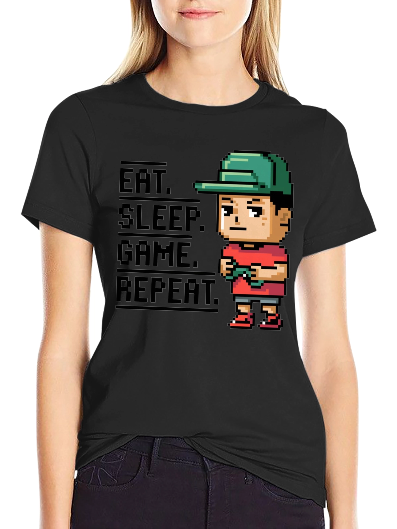 Black Eat Sleep Game Repeat Black Gamer T-Shirt view 2