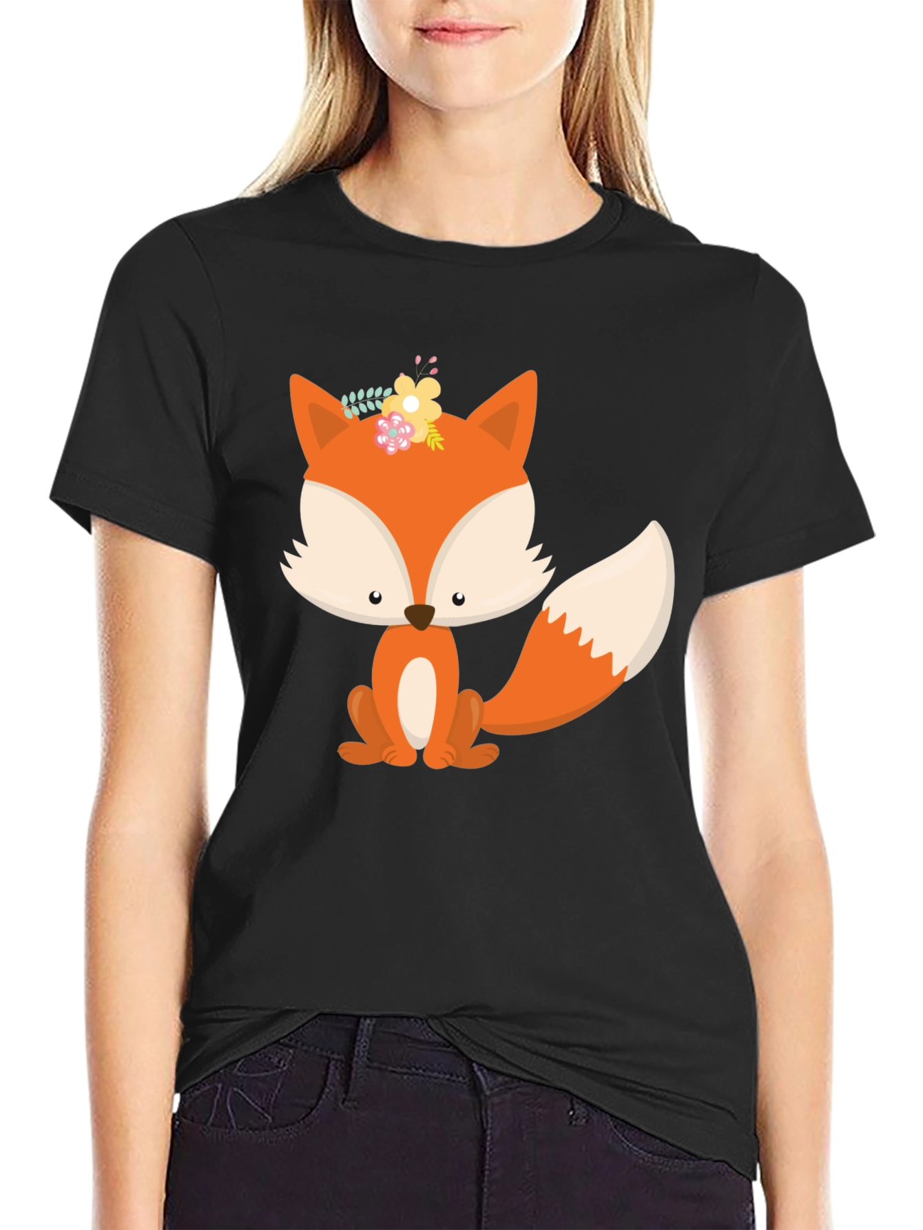 Black Cute Fox Graphic Tee - Black Cotton Blend T-Shirt view 2