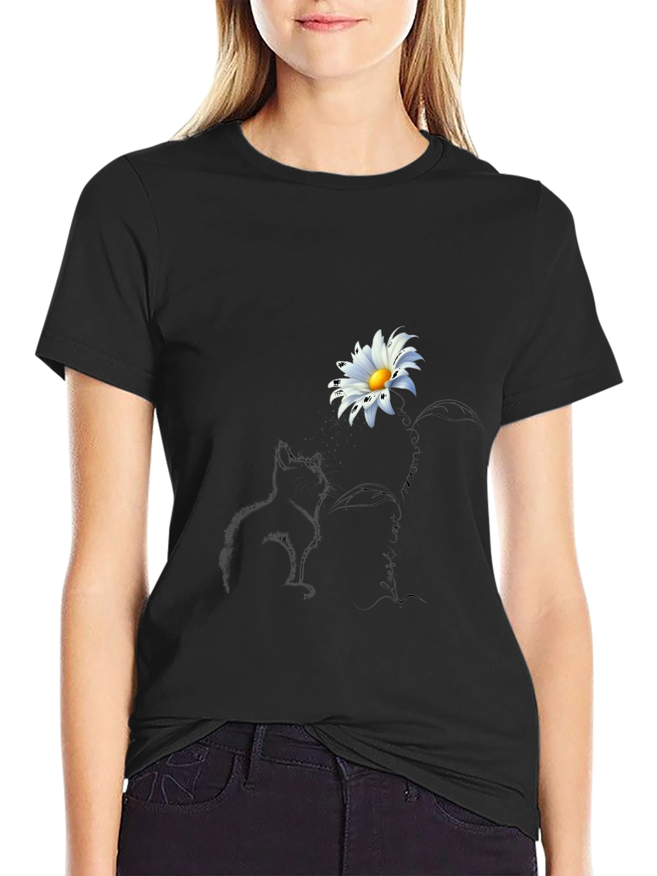 Black Black T-Shirt with Cat and Daisy Design view 2