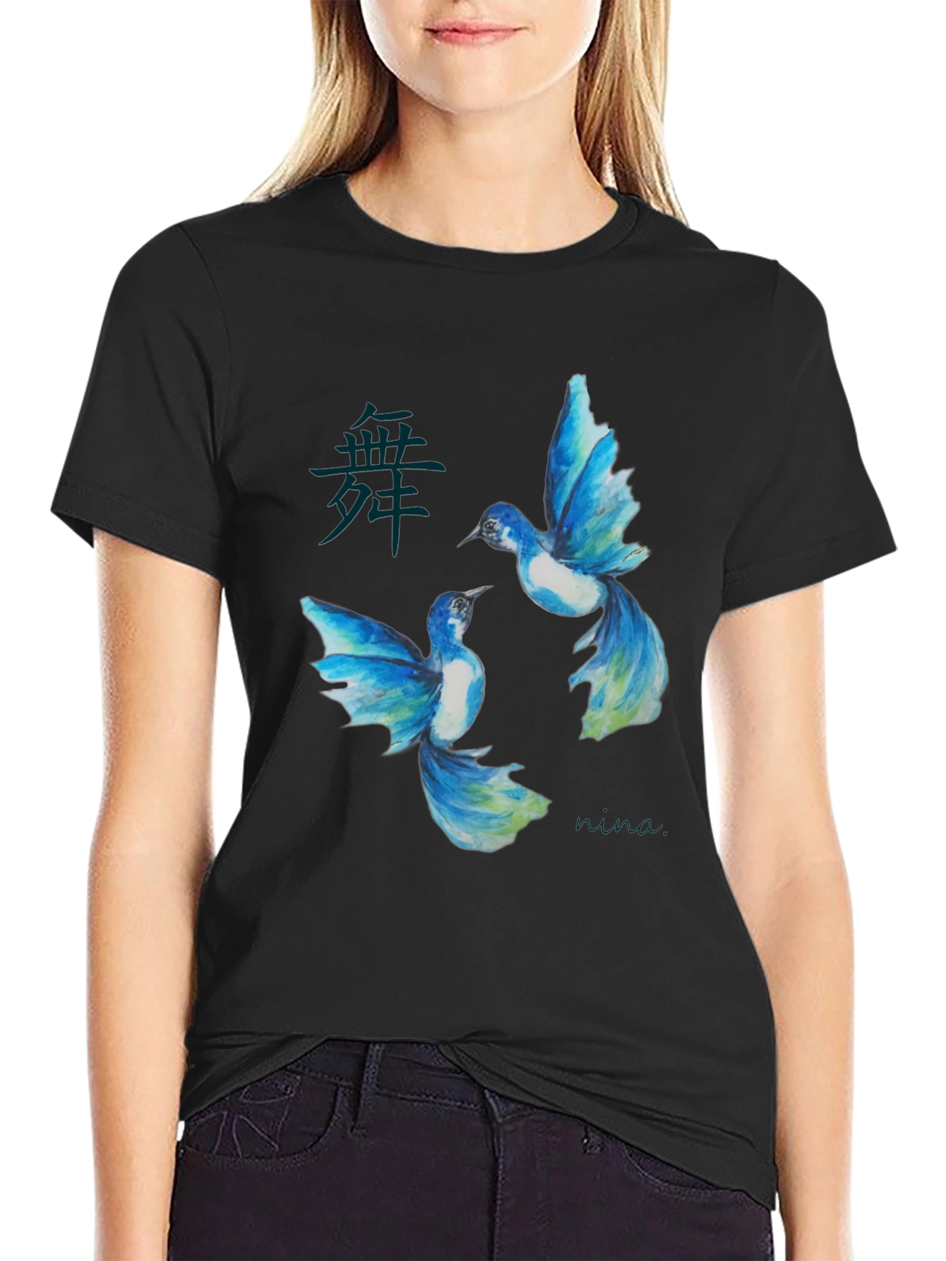 Black Watercolor Bird Graphic Black T-Shirt view 2