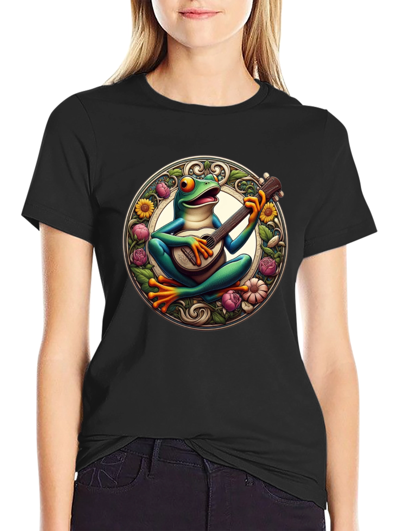 Black Frog Playing Guitar T-Shirt - Unique Graphic Tee view 2