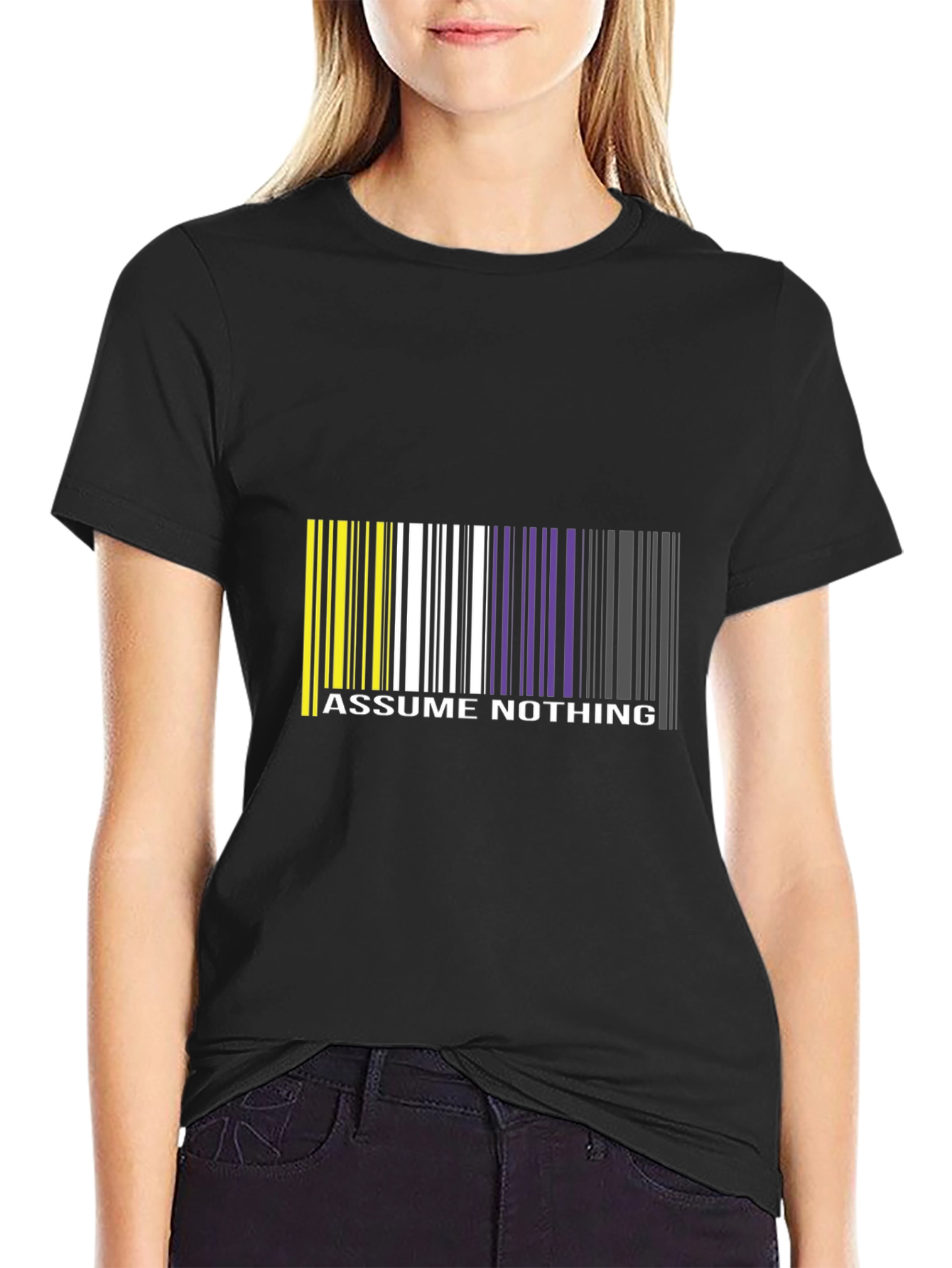 Black Assume Nothing Barcode T-Shirt - Unique Graphic Tee view 2